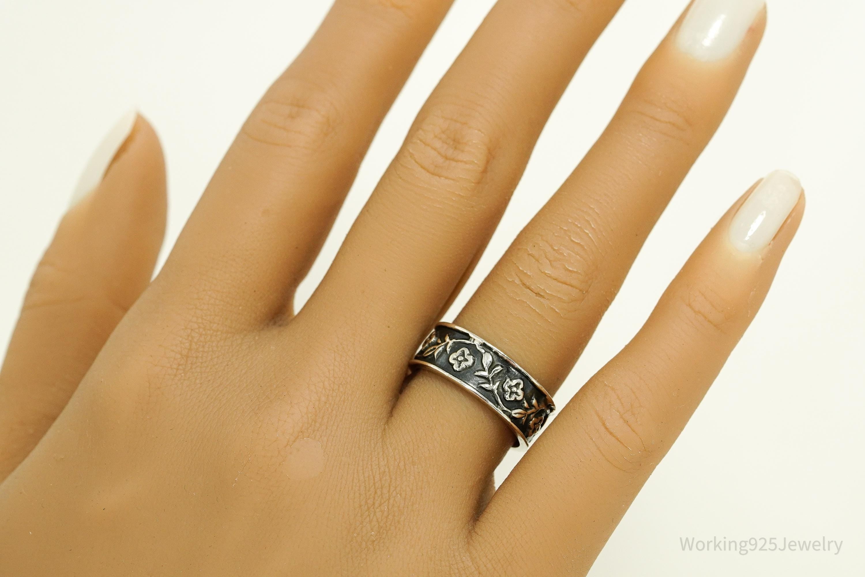 Vintage Mexican Flower Vine Sterling Silver Ring - Size 7.5