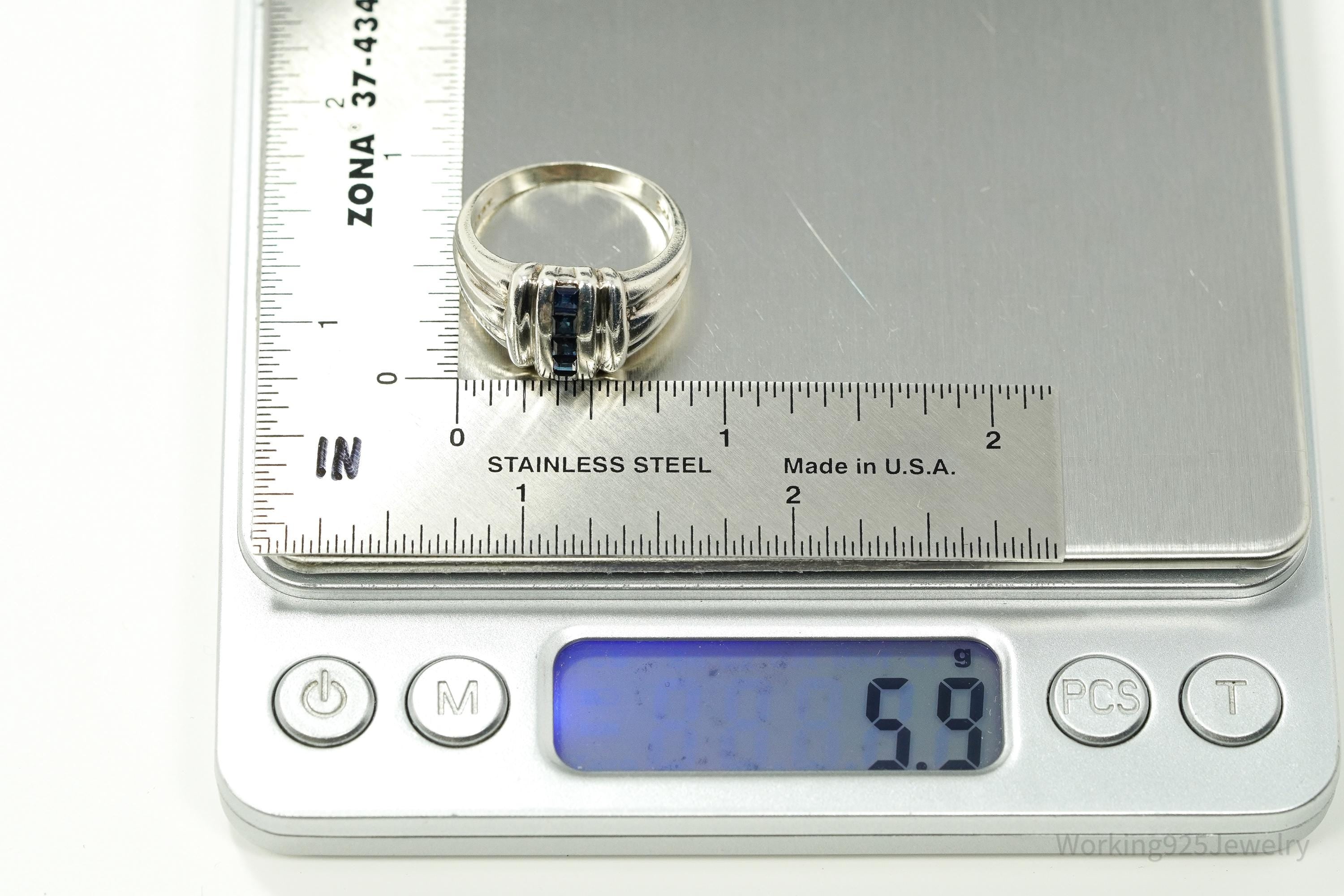 Vintage Blue Sapphire Sterling Silver Ring - Size 9.25