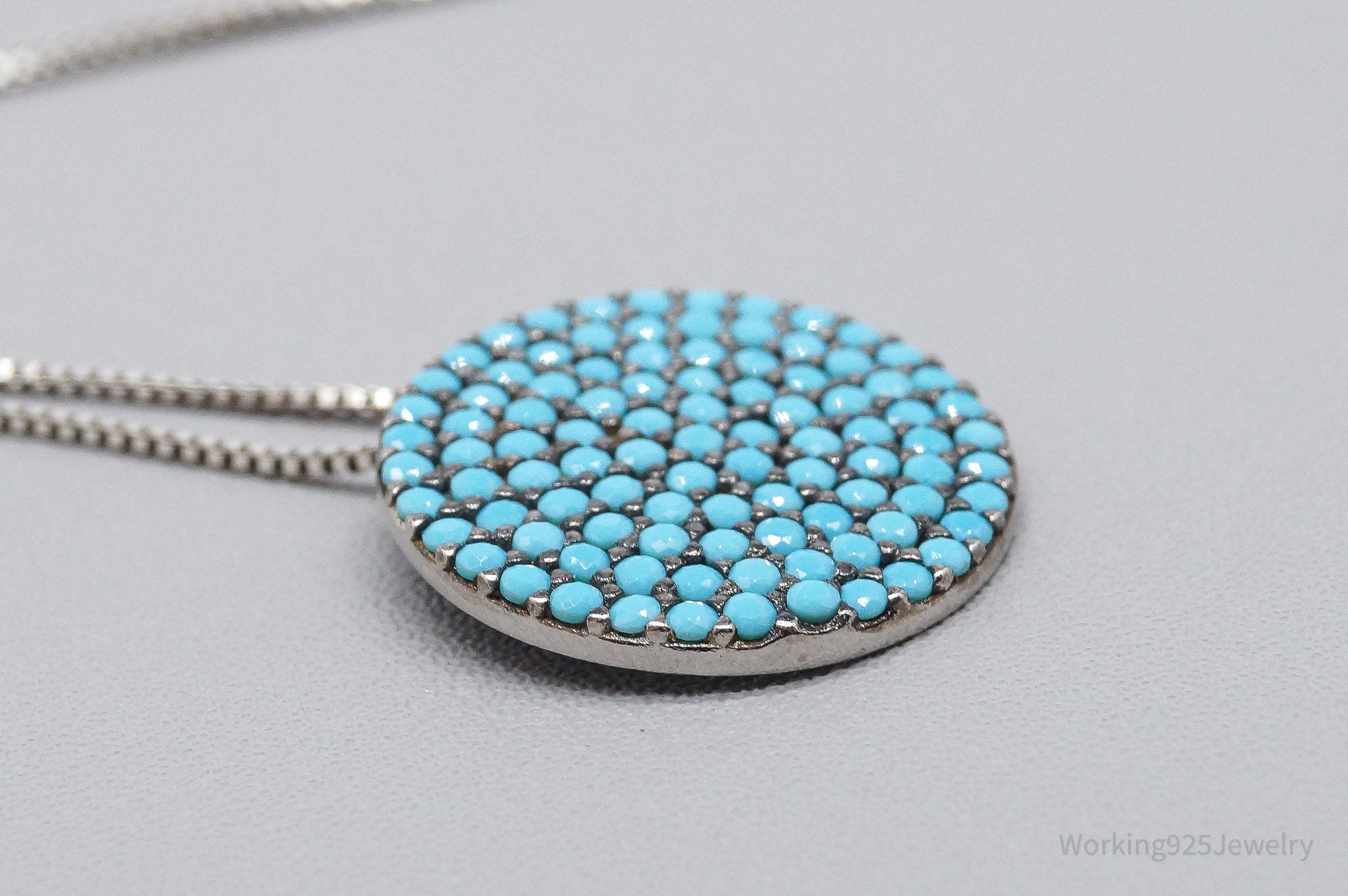 Vintage Blue Turquoise Pendant Sterling Silver Necklace 16"