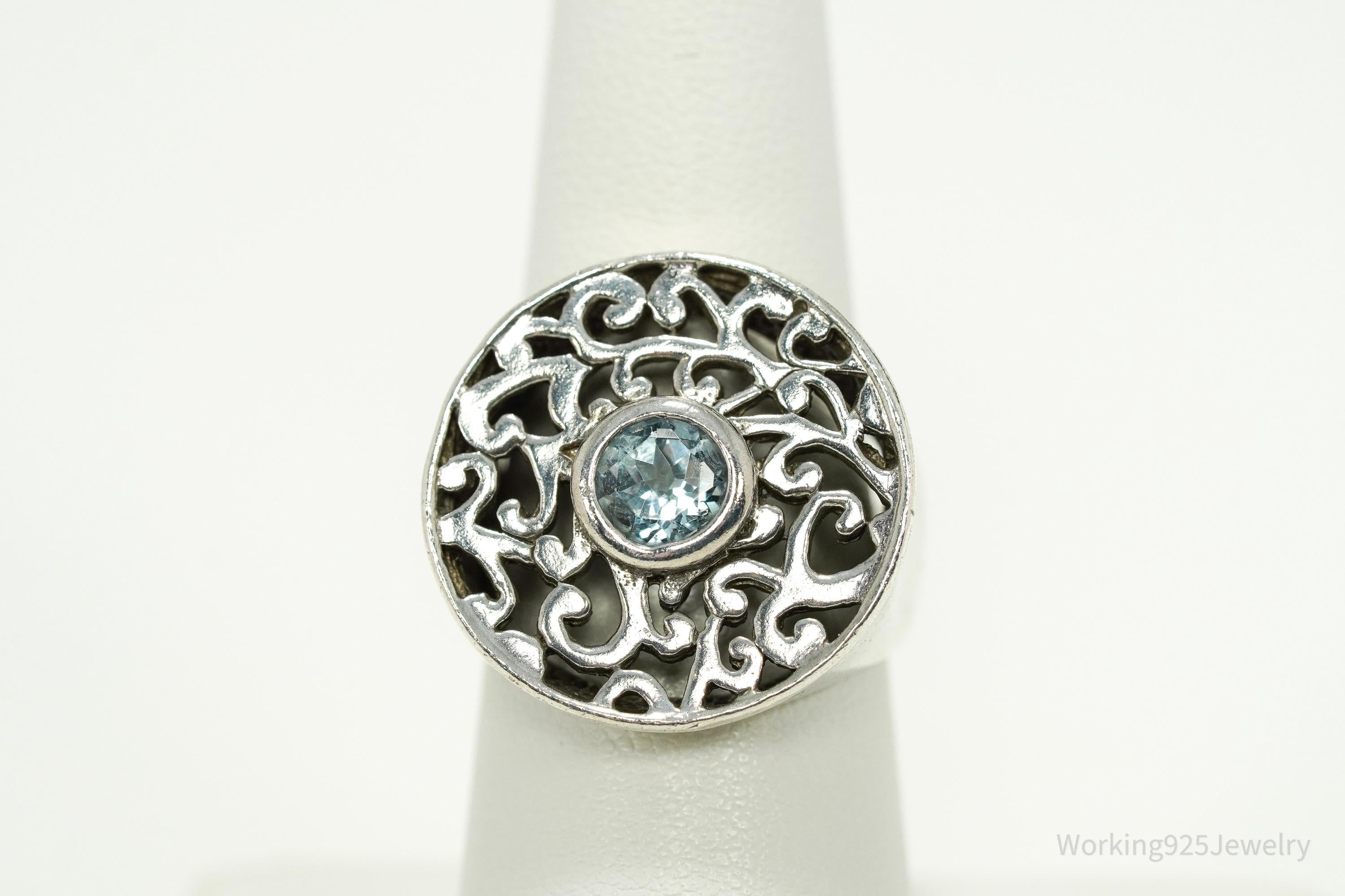 Vintage Blue Topaz Filigree Sterling Silver Ring - Size 7