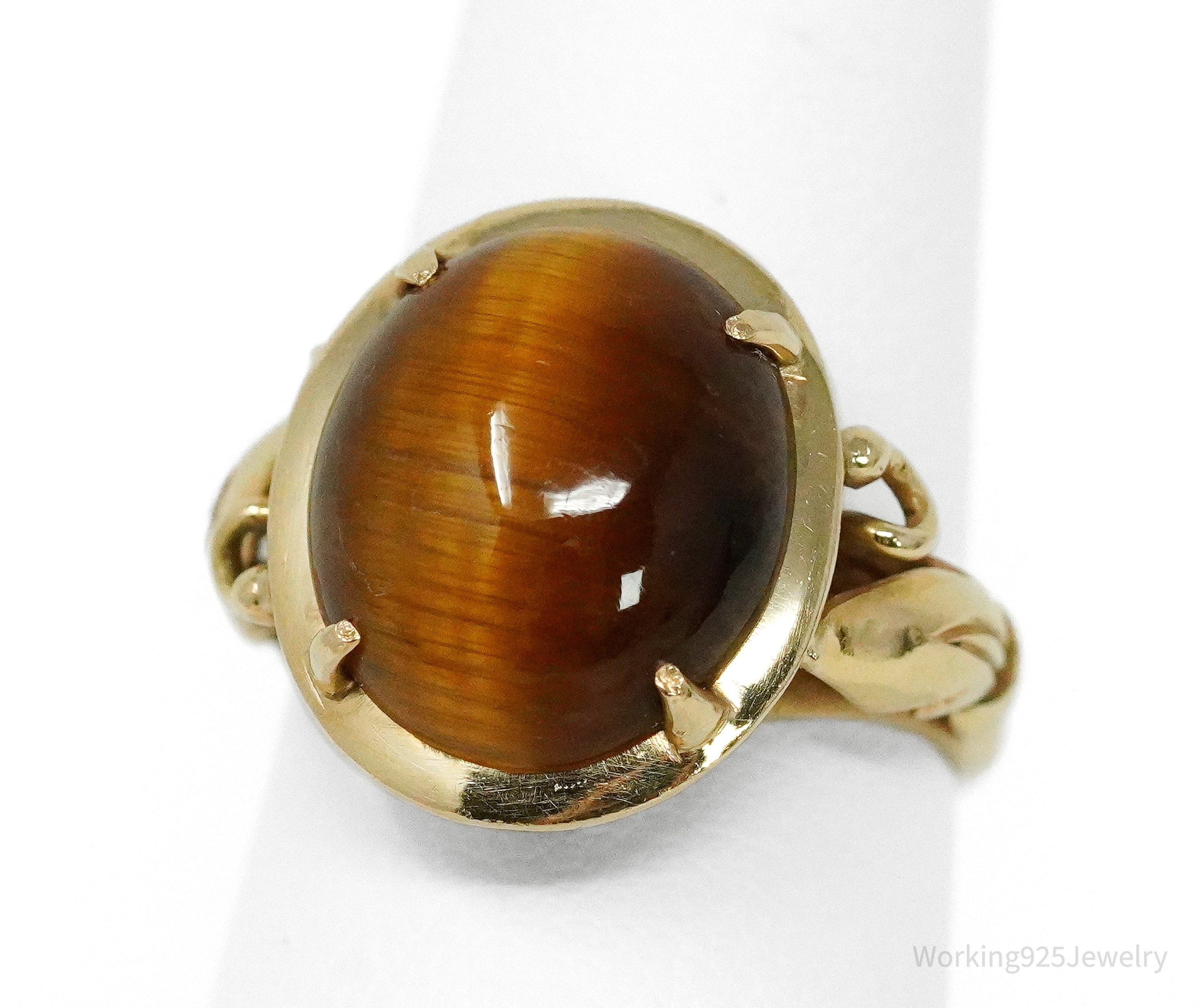 14K Yellow Gold & Tiger's Eye Cabochon Four Prong Ring - Size 6