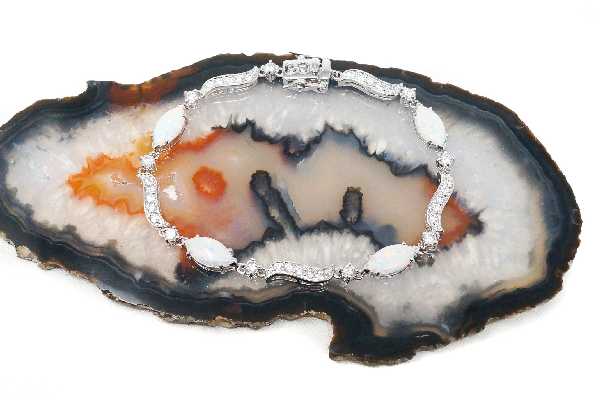 Vintage Art Deco Mid Century Opal Cubic Zirconia Sterling Silver Tennis Bracelet