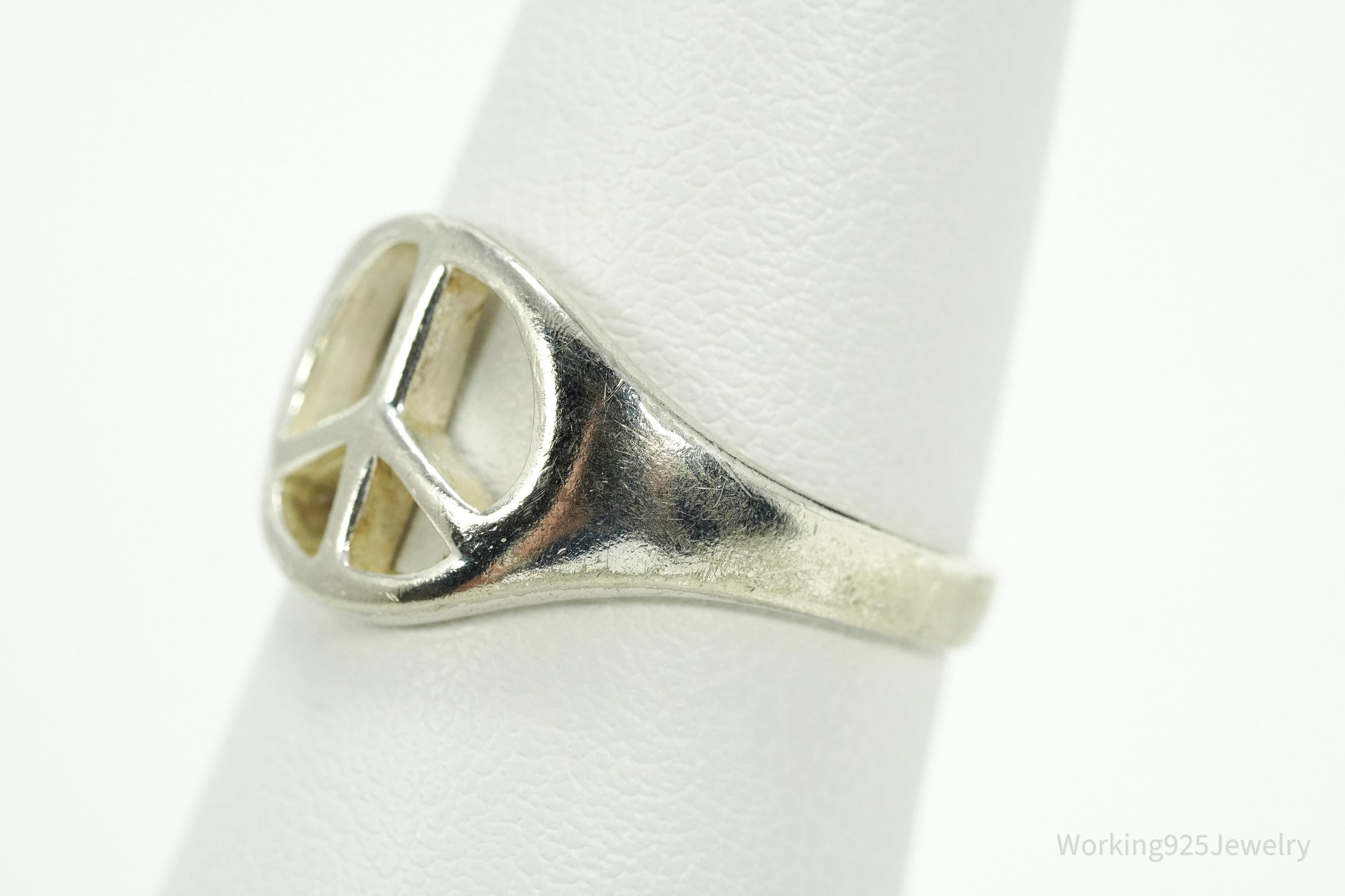 Vintage Peace Sign Sterling Silver Rhodium Plated Ring - Size 7