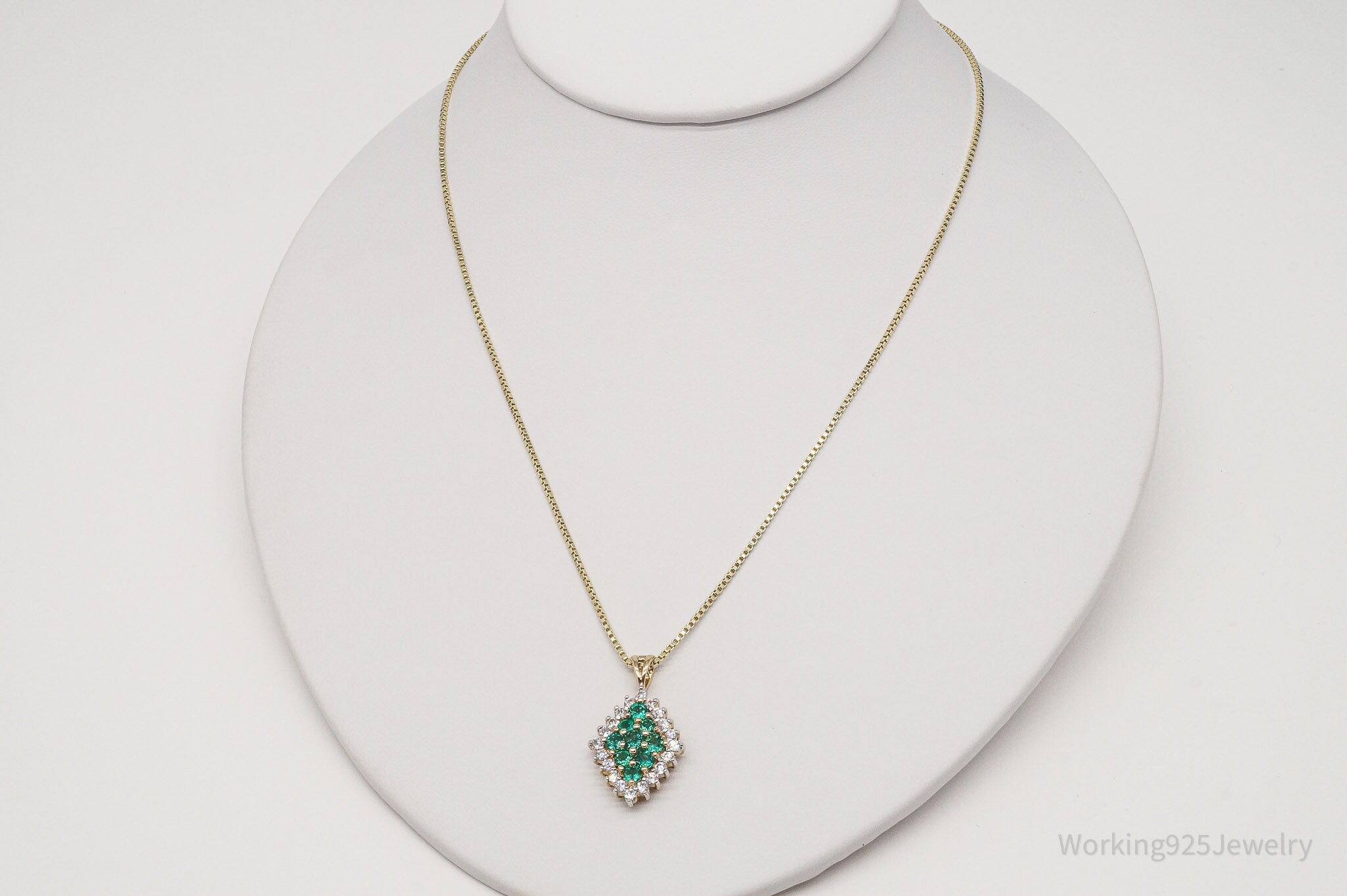 Vintage Lab Emerald Cubic Zirconia 10K Gold Over Sterling Silver Necklace 22"