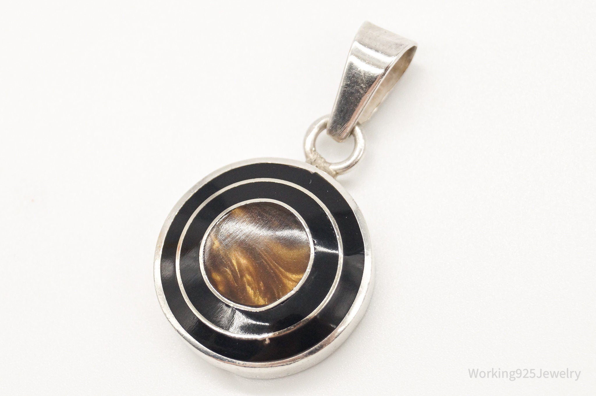 Vintage Mexico Faux Tigers Eye Black Enamel Sterling Silver Pendant