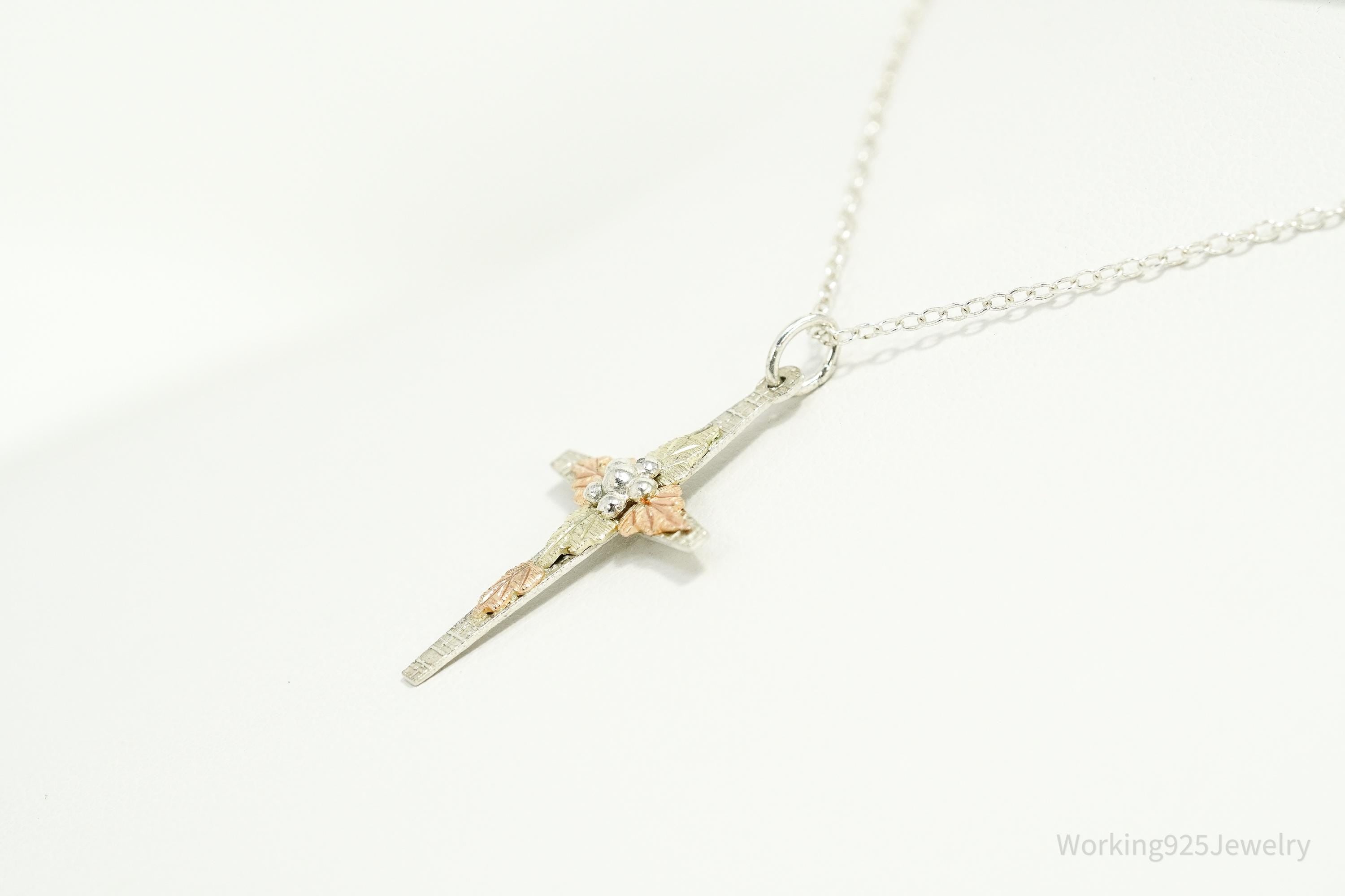 Vintage Landstrom's 10K Black Hills Gold Leaves Sterling Silver Cross Necklace 18"