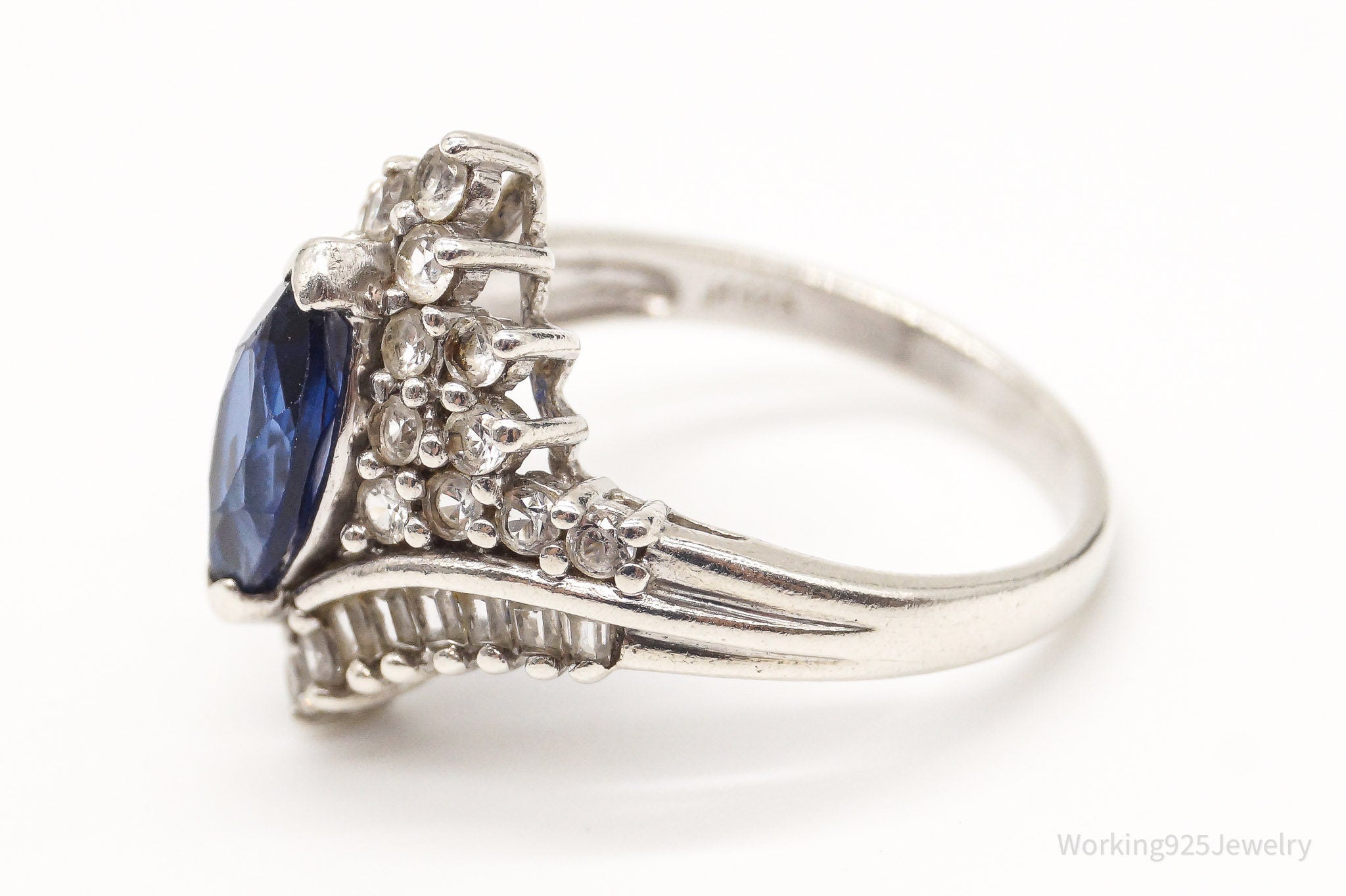 Vintage Lab Sapphire Cubic Zirconia Sterling Silver Ring - Size 7