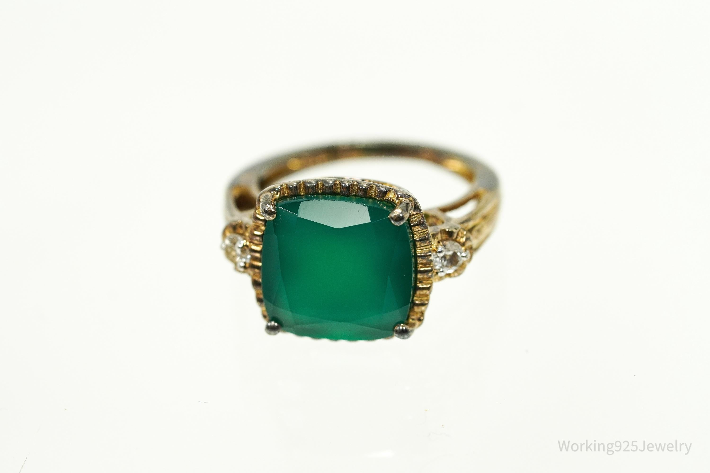 Vintage Green Onyx & Cubic Zirconia Gold Vermeil Sterling Silver Ring - Size 5.25