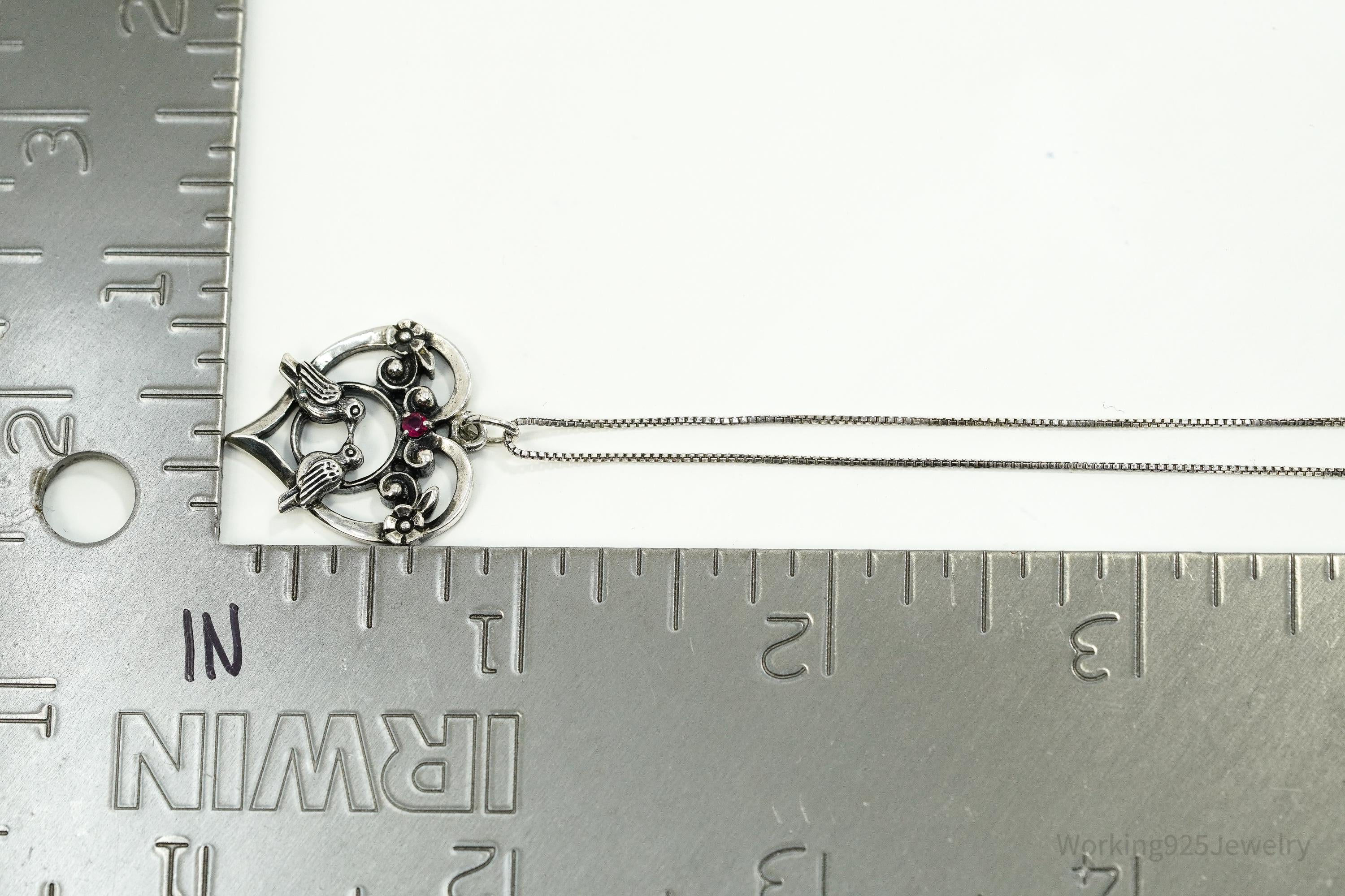 Vintage 1981 Franklin Mint Ruby Love Birds Sterling Silver Necklace 18"