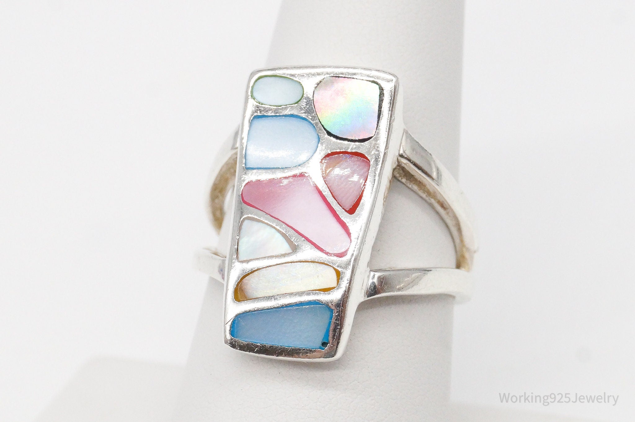 Vintage Mother Of Pearl Paua Abalone Shell Sterling Silver Ring - Size 7.75