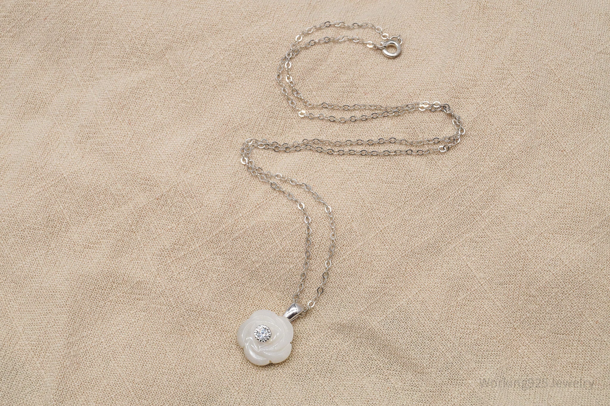 Vintage Cubic Zirconia & Mother Of Pearl Rose Sterling Silver Necklace 18"