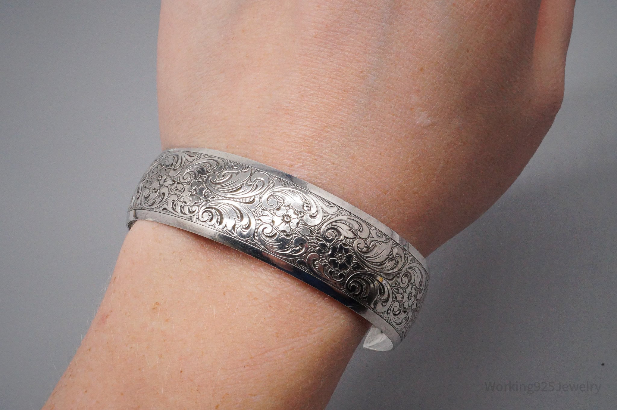 Antique Art Nouveau Floral Etched 835 Silver Cuff Bracelet 7 5/8"