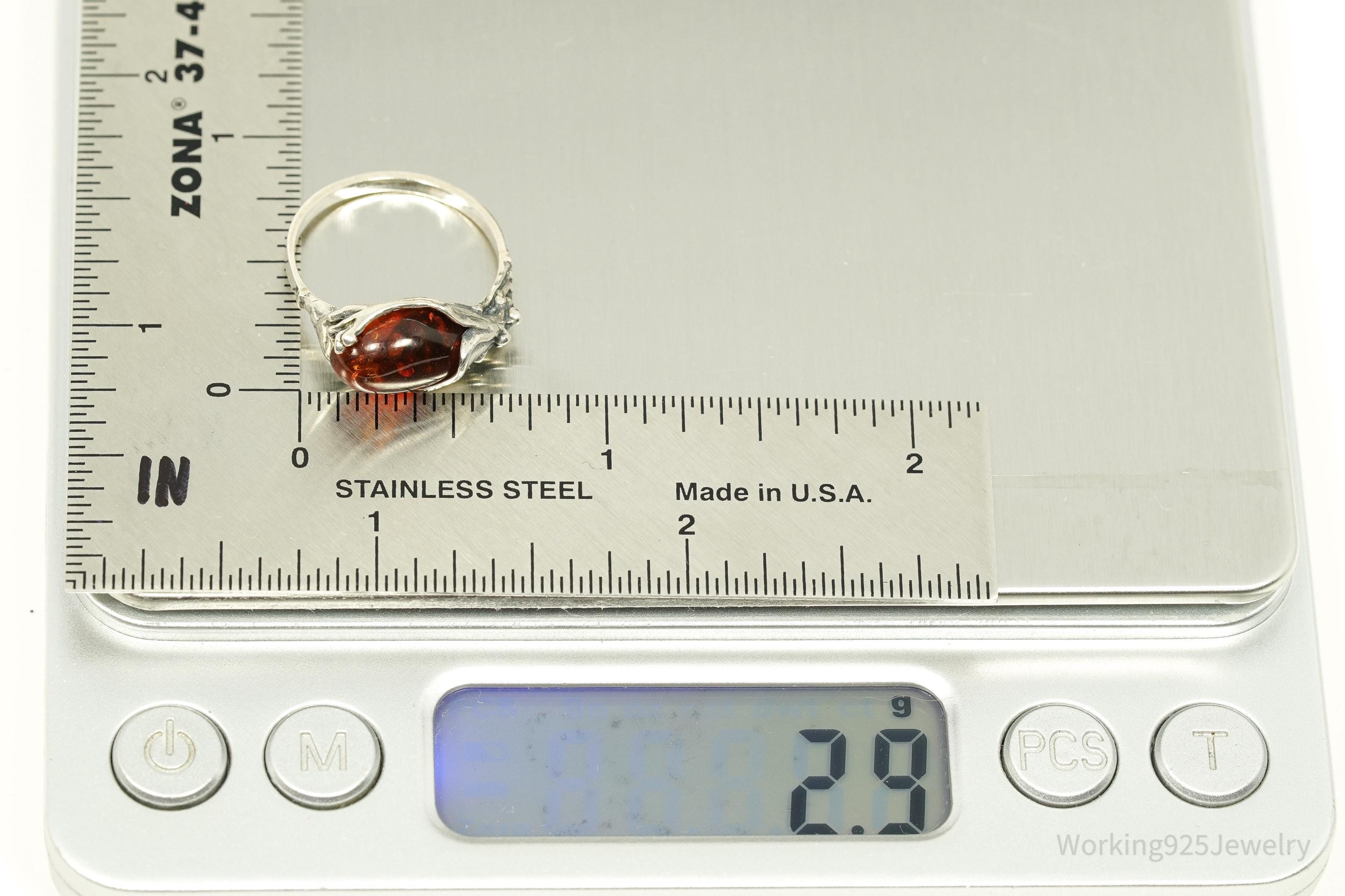 Vintage Amber Modernist Style Sterling Silver Ring - Size 6.5