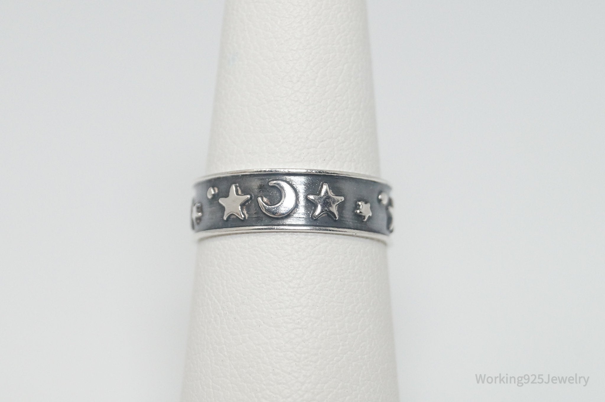 Vintage Star Moon Lunar Oxidized Sterling Silver Band Ring - Size 5.5