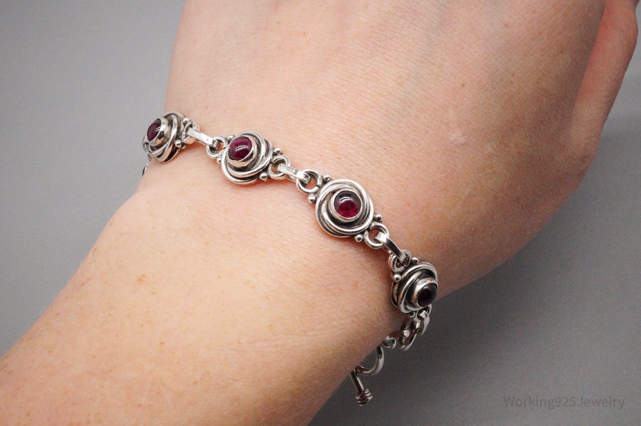 Vintage Rhodolite Garnet Sterling Silver Toggle Bracelet