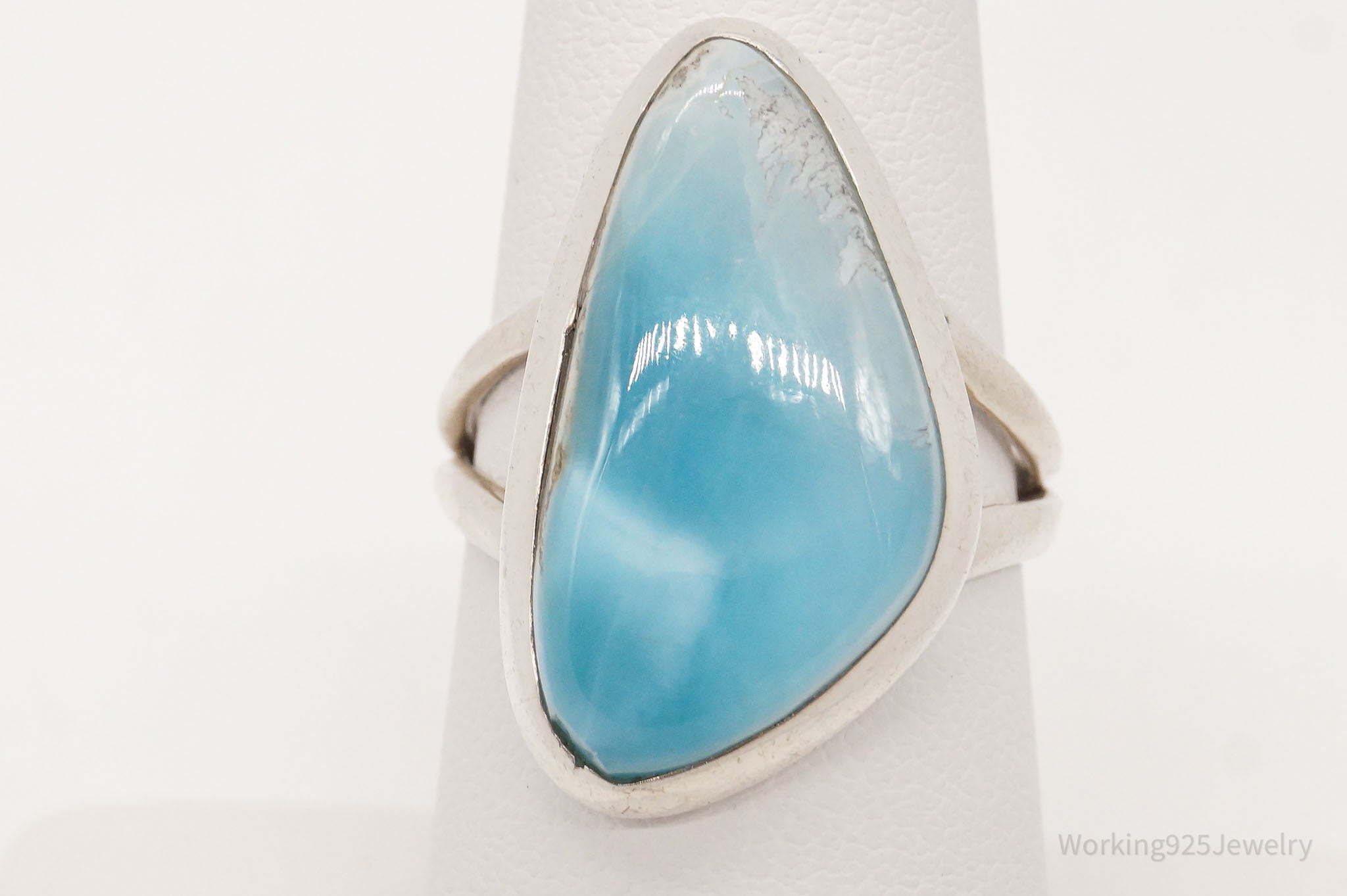 Vintage Large Blue Larimar Sterling Silver Ring - Size 7.5