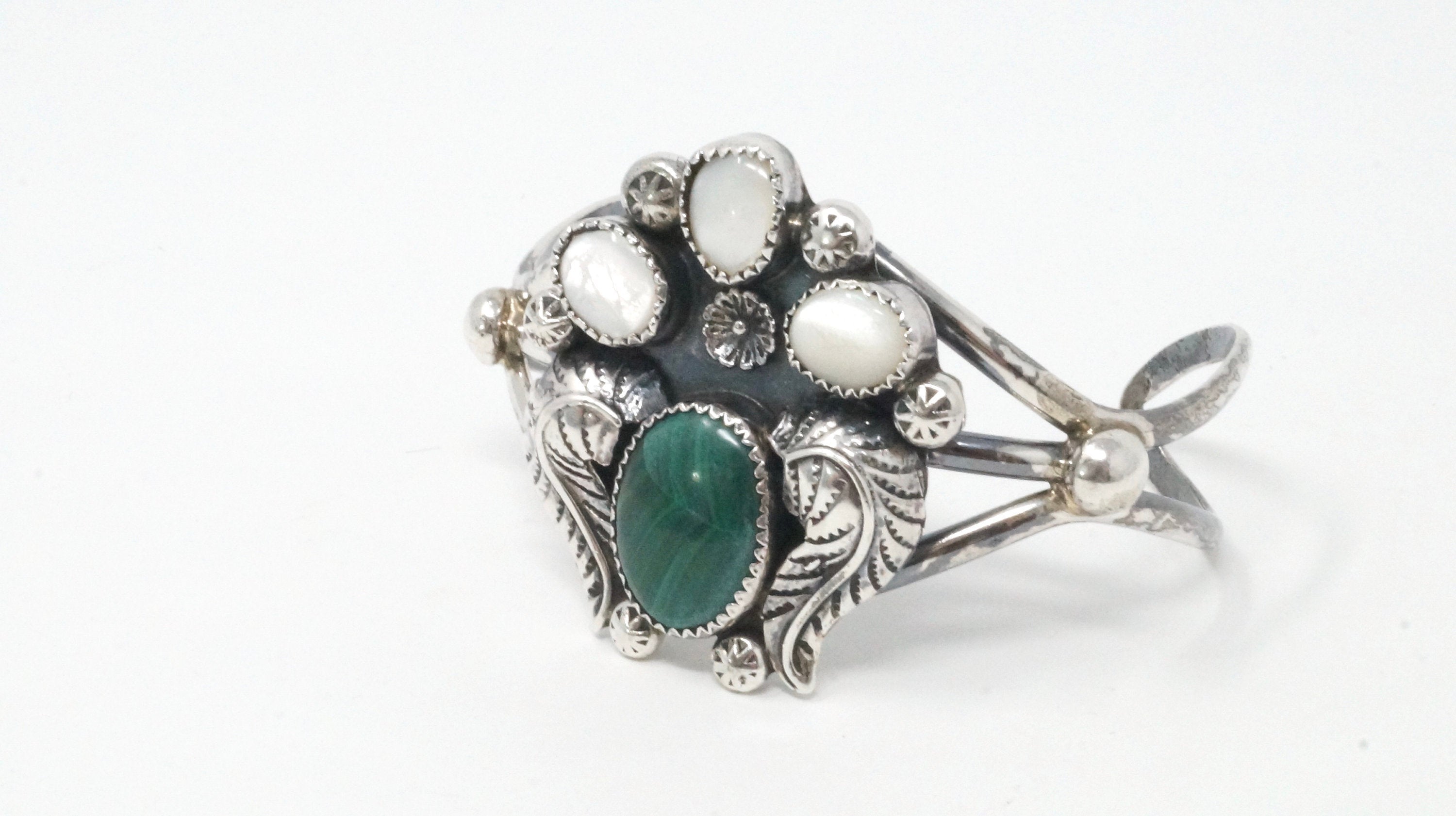 Vintage Malachite Mother of Pearl Sterling Silver Feather Design Cuff Bracelet