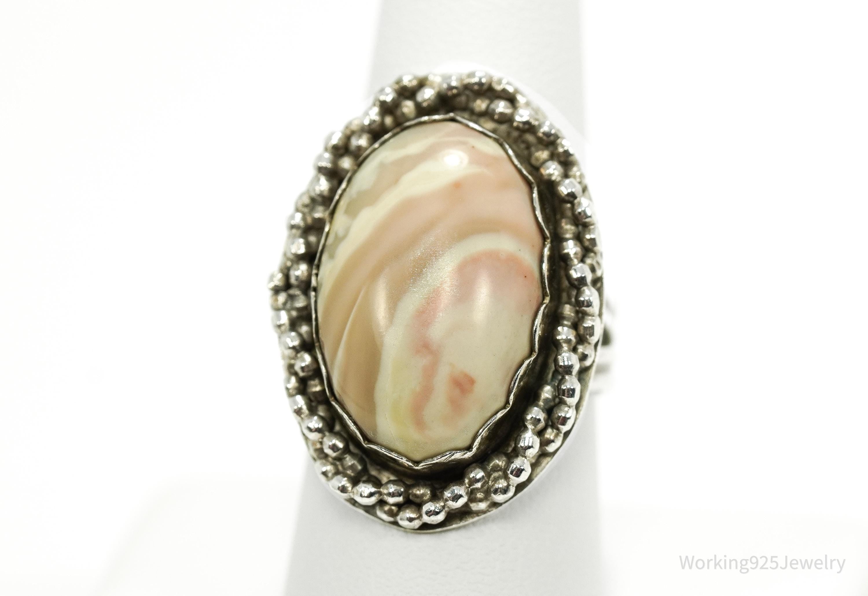 Vintage Large Agate Silver Ring - Size 9.25