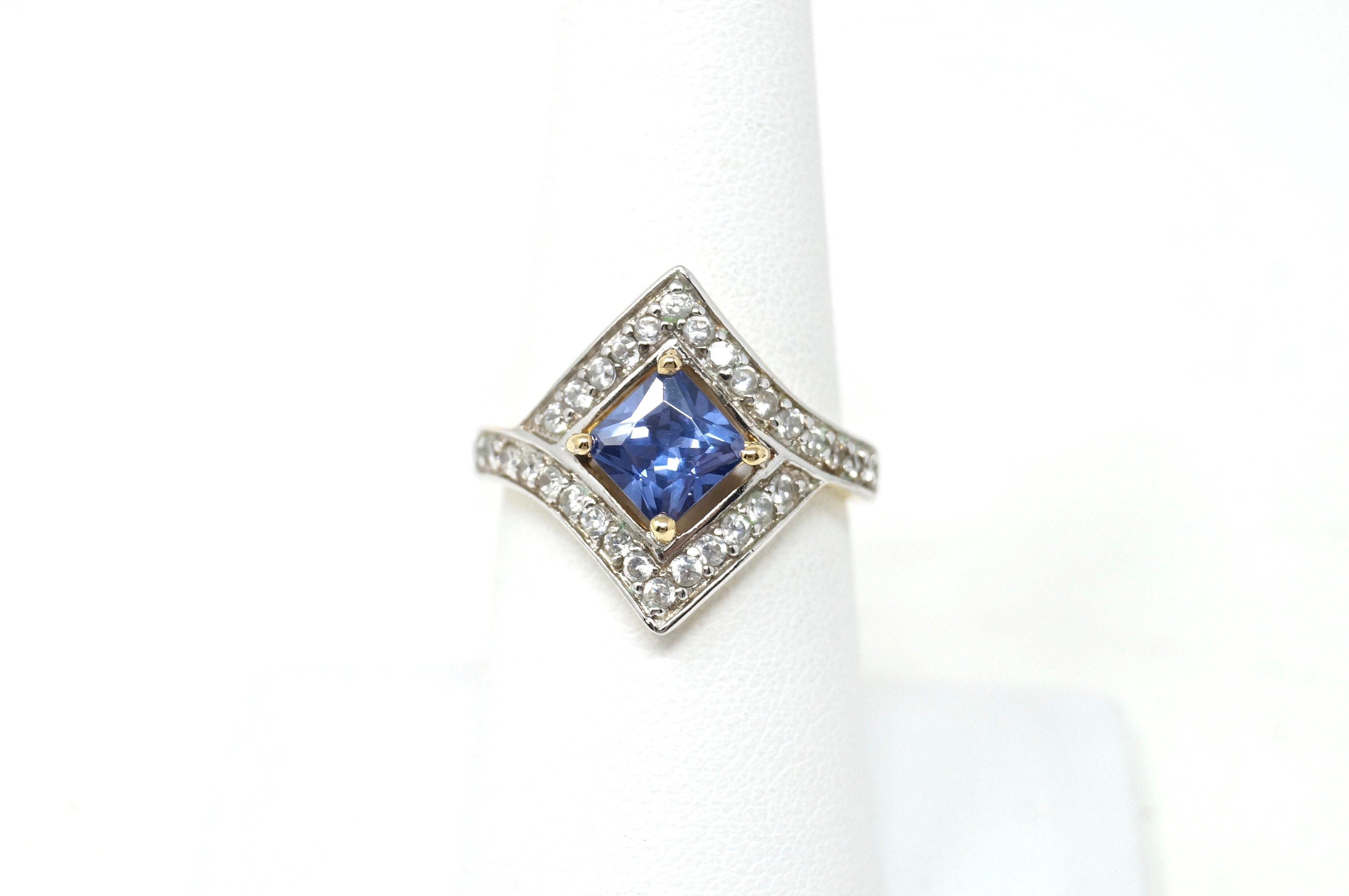 Vintage RP Blue Crystal Gold Wash Statement Sterling Silver Ring - Size 7