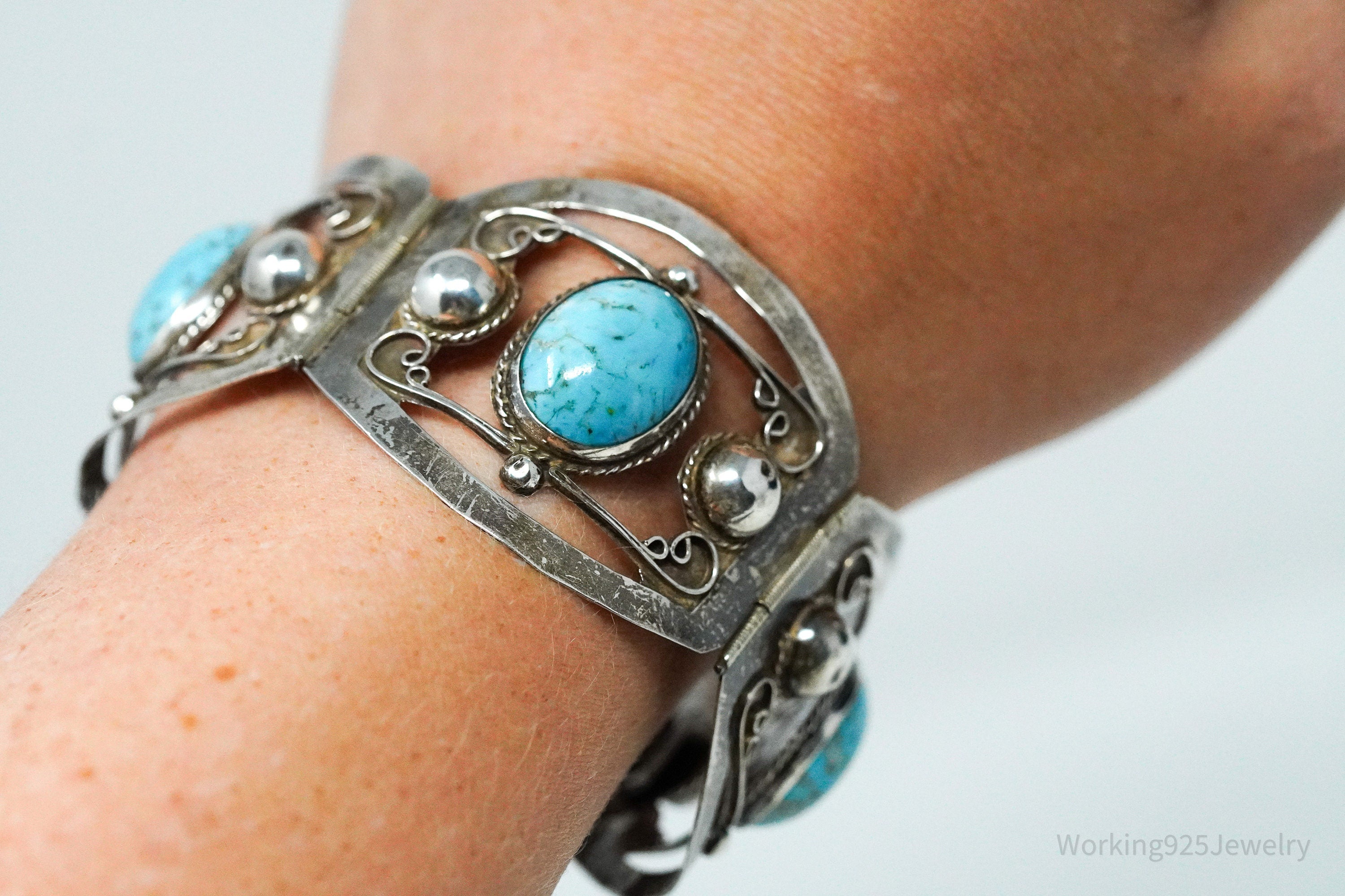 Vintage Mexico Glass Turquoise Sterling Silver Bracelet - 6.75"