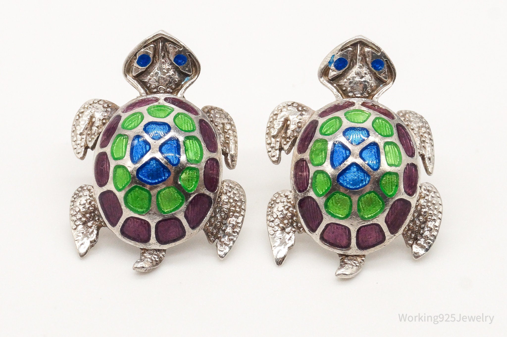 Vintage Enamel Sea Turtles 980 Silver Earrings