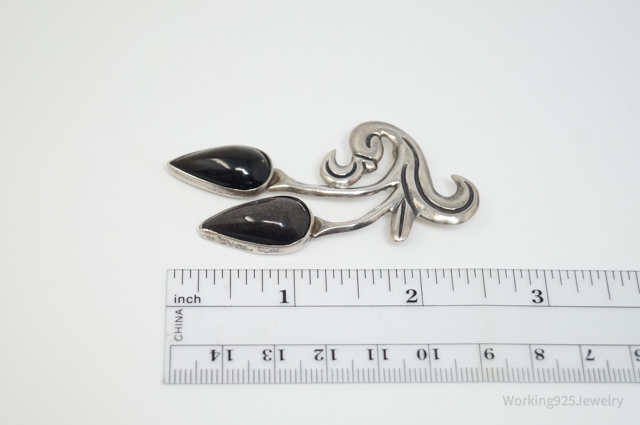 Vintage Taxco Designer LC Obsidian Sterling Silver Brooch Pin