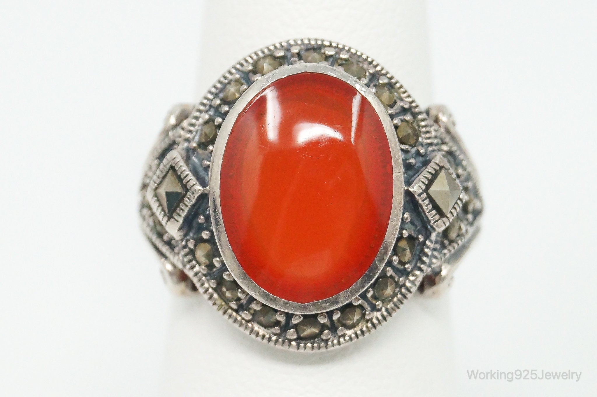 Vintage Marcasite Red Enamel Sterling Silver Ring - Size 6.75