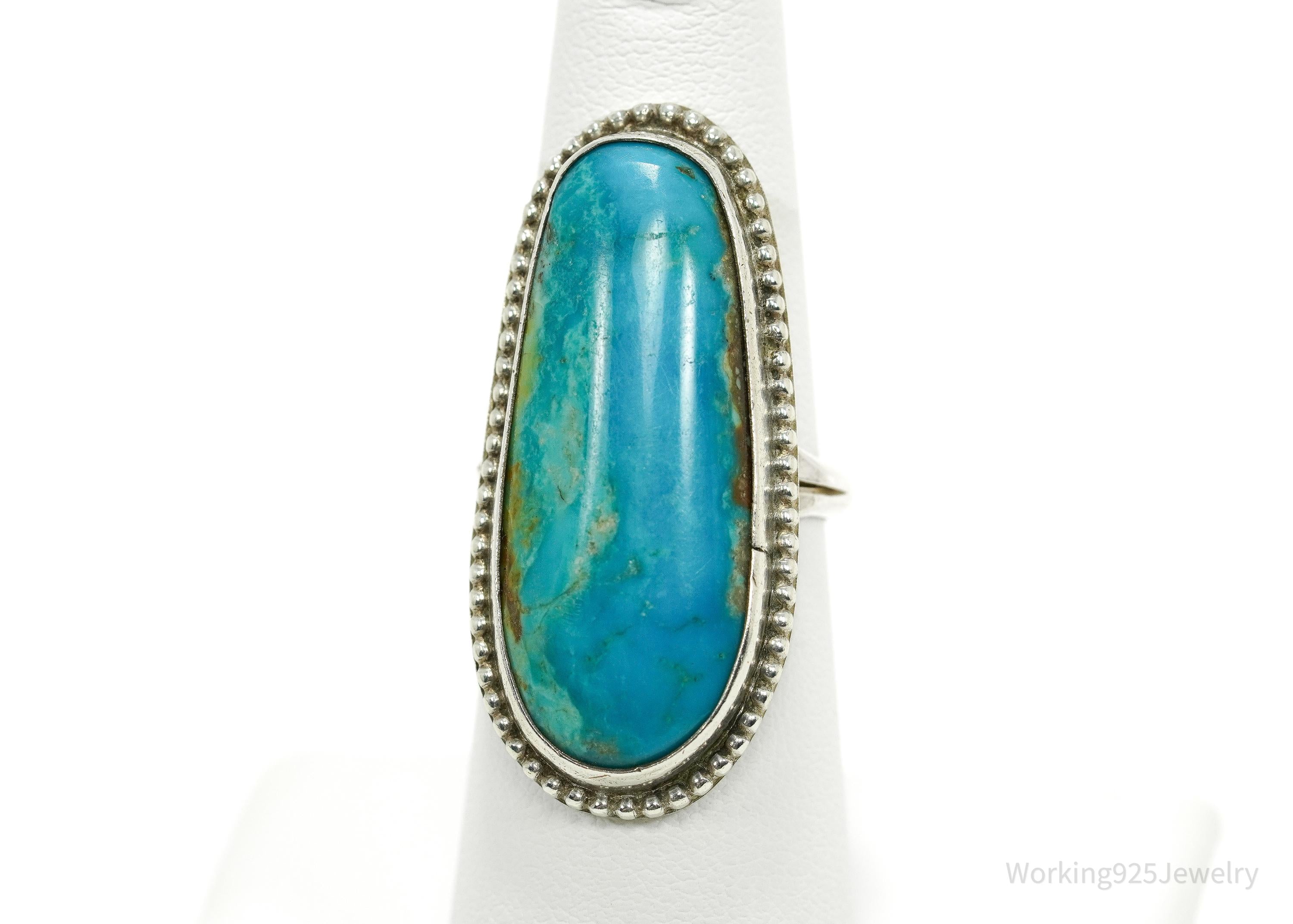 Vintage Handmade Native American Turquoise Unsigned Silver Ring - Size 6.75