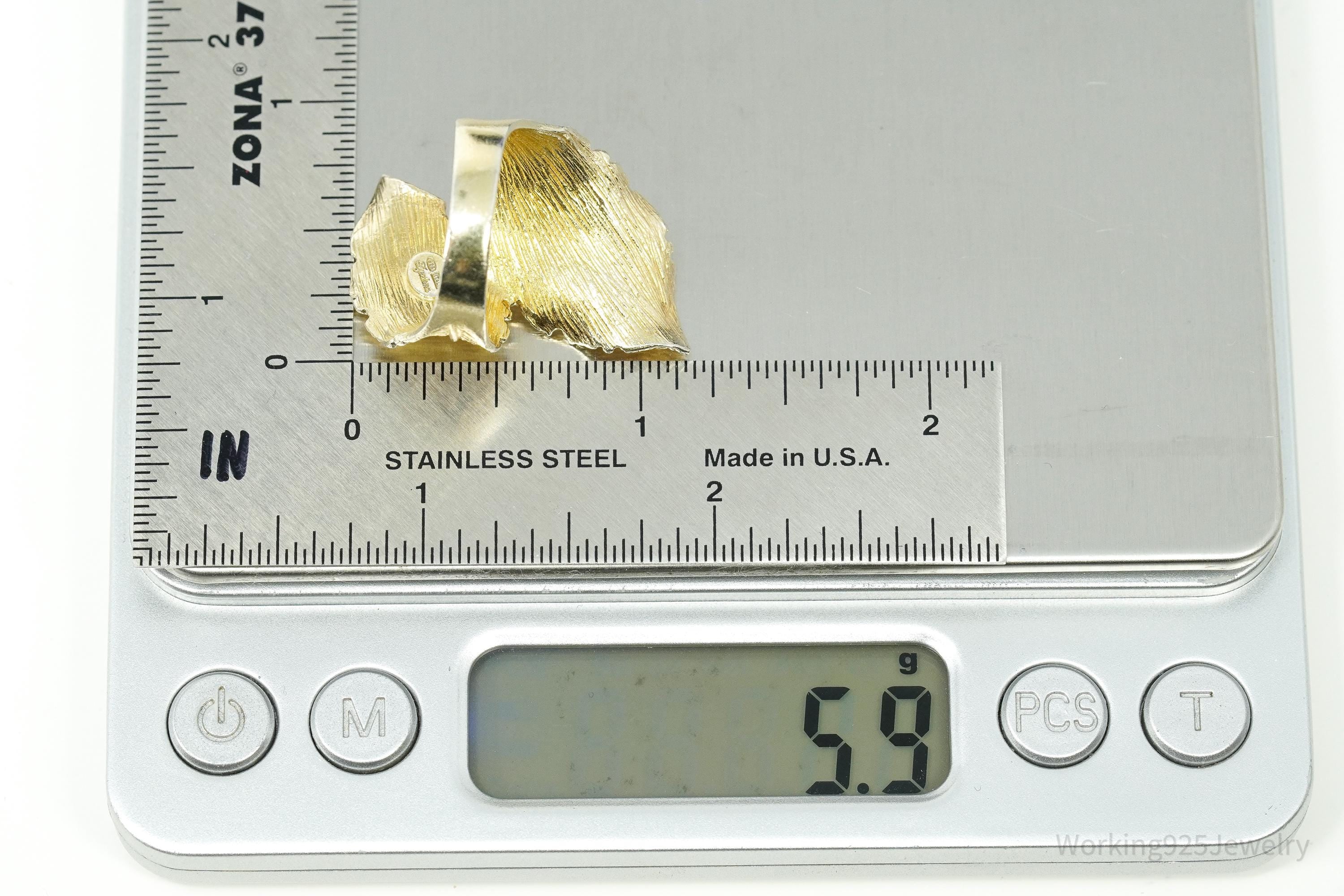 Vintage Italian Dyadema 18K Yellow Gold Plated Figural Leaf Sterling Silver Ring - Size 7