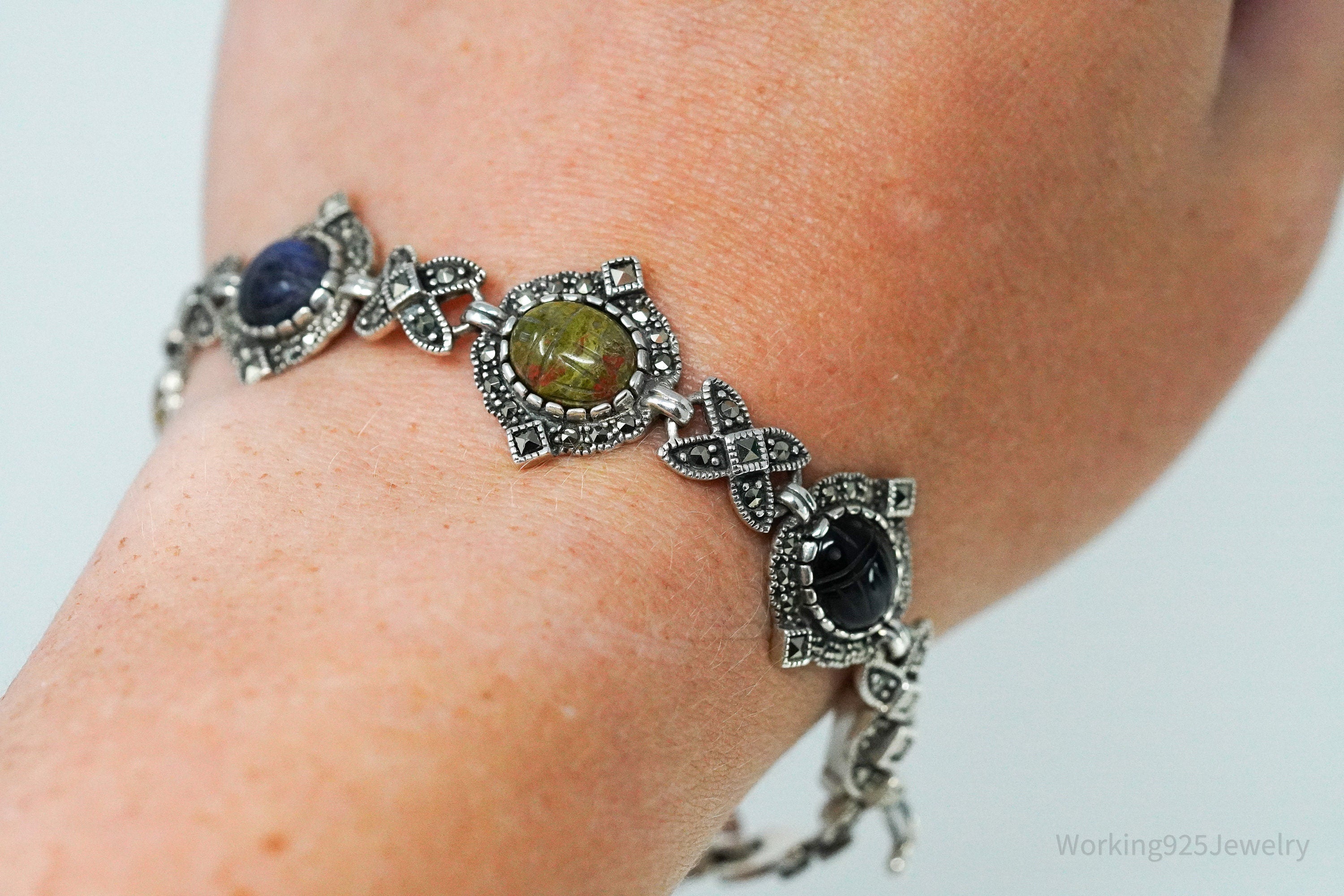 Vintage Carved Scarab Multiple Gemstone Sterling Silver Bracelet 7.5"