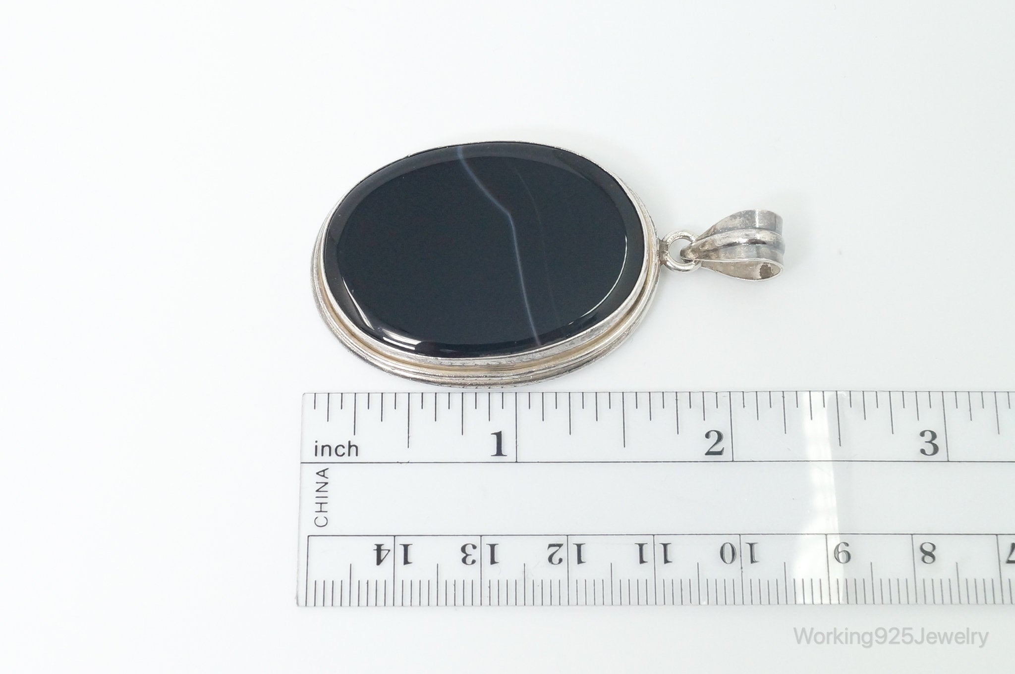 Vintage Large Black Lace Agate Sterling Silver Pendant