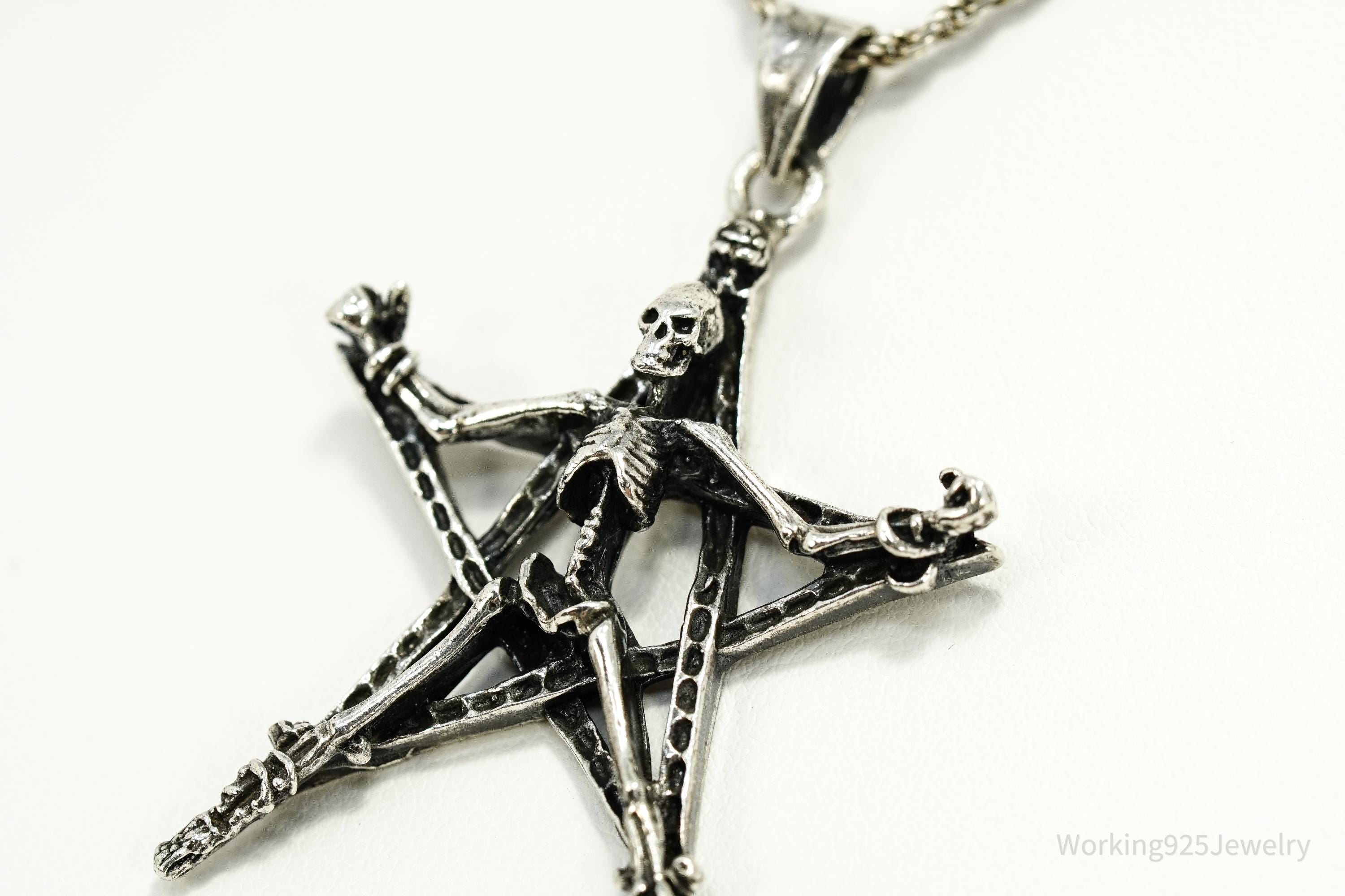Vintage Skeleton Pentagram Sterling Silver Necklace 20"