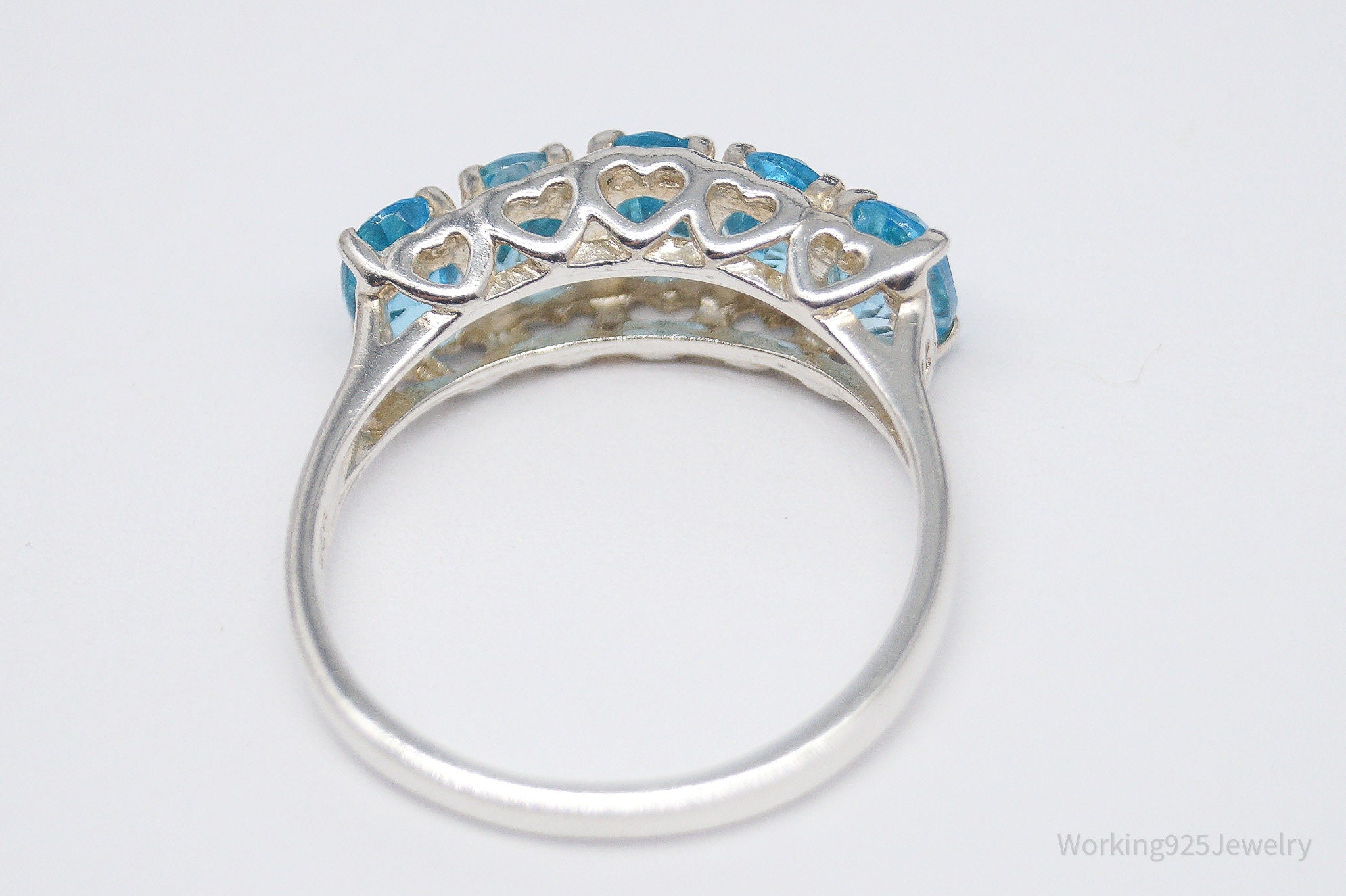 Vintage CNA Blue Topaz Hearts Pattern Sterling Silver Ring - Size 8