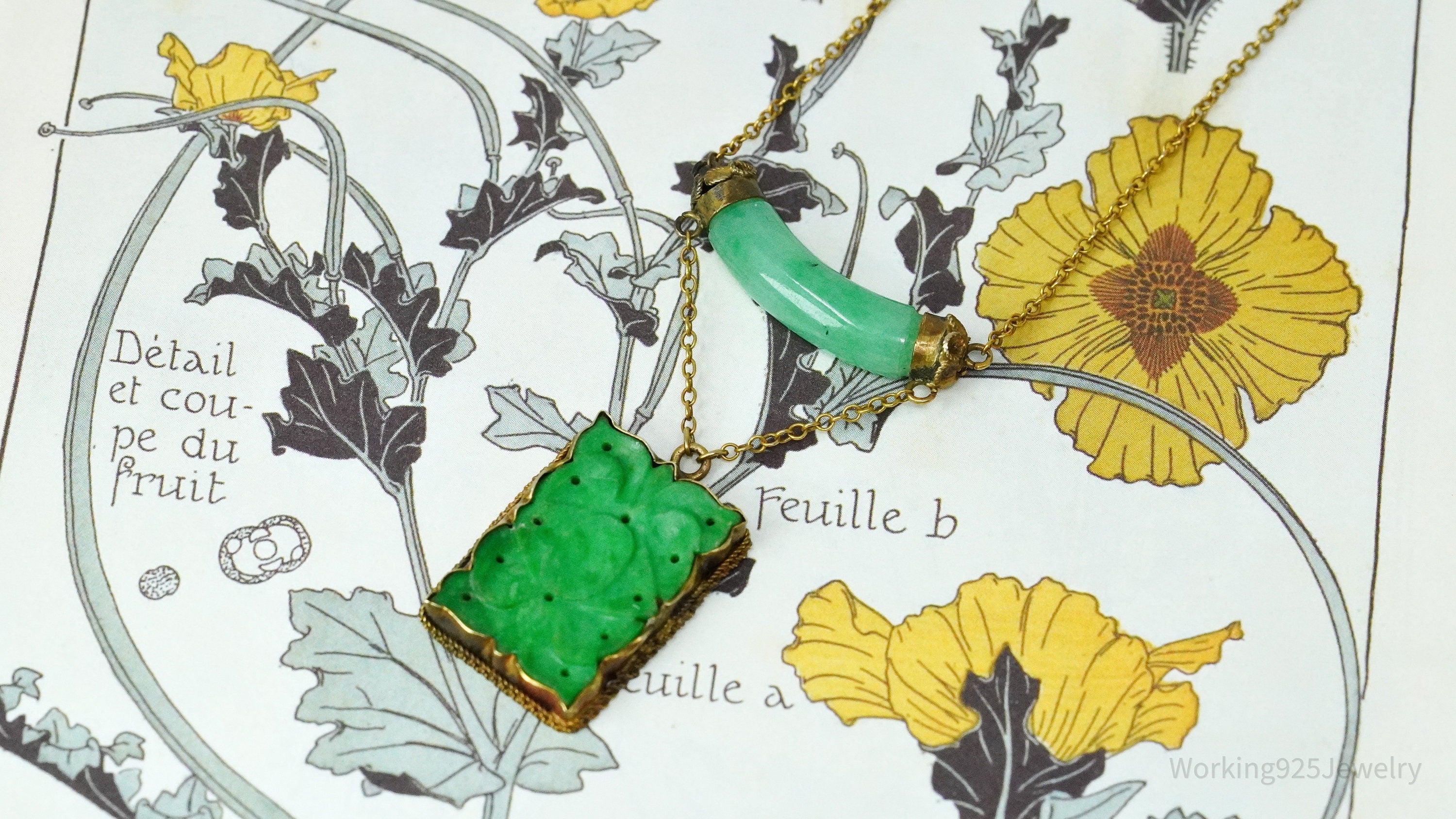 14K Yellow Gold & Carved Jadeite Jade Tablet Necklace 15"