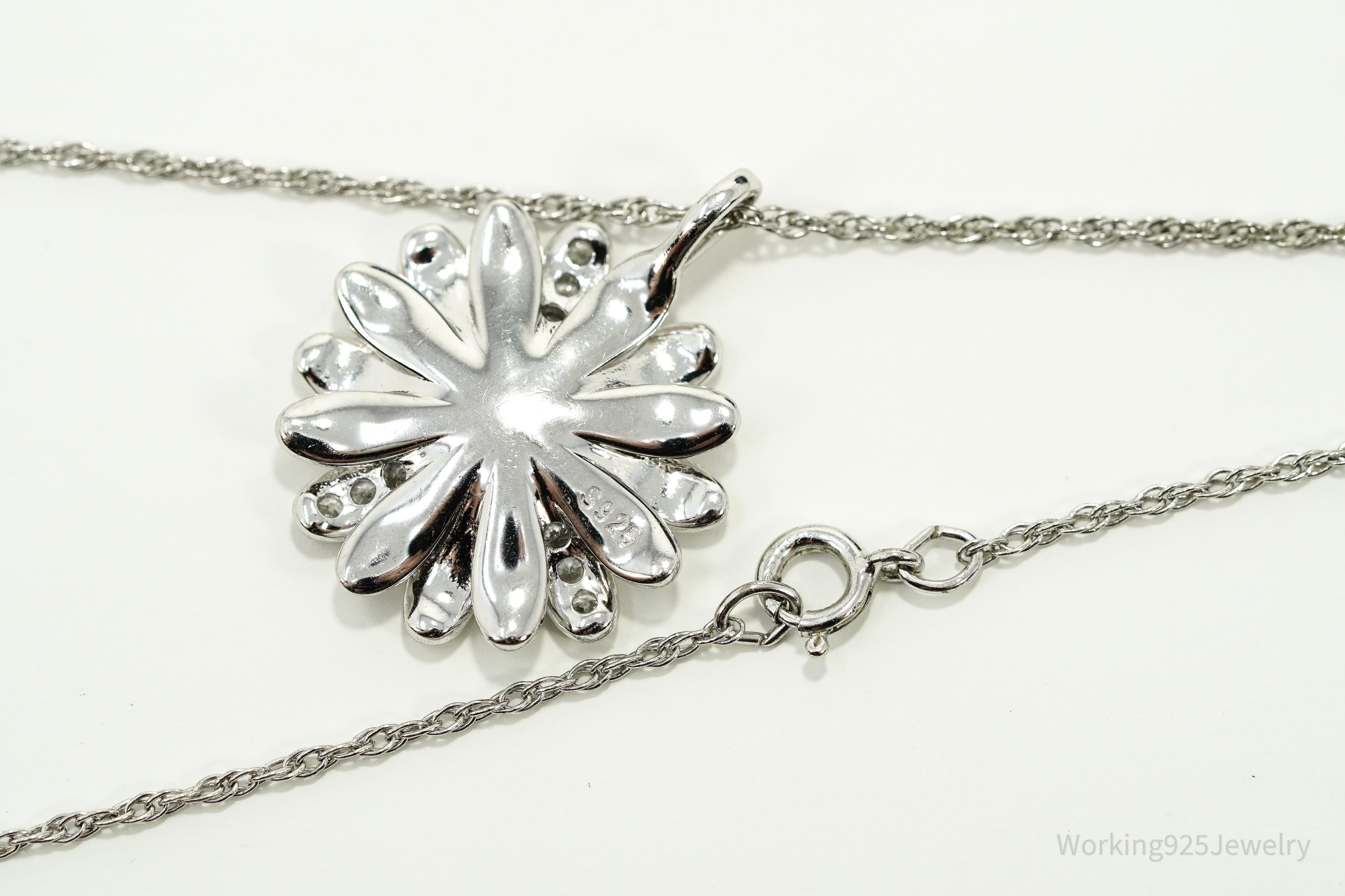 Opal & Cubic Zirconia Sterling Silver White Enamel Flower Chain Necklace 18"