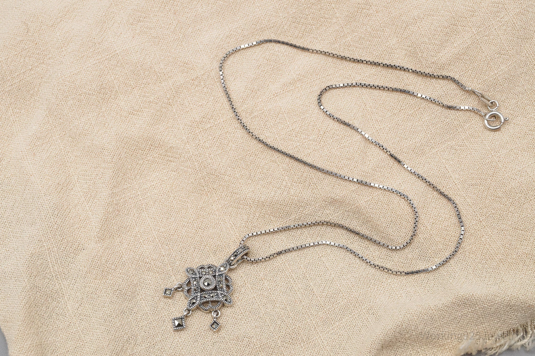 Vintage Designer Judith Jack Marcasite Pendant Sterling Silver Necklace 18"