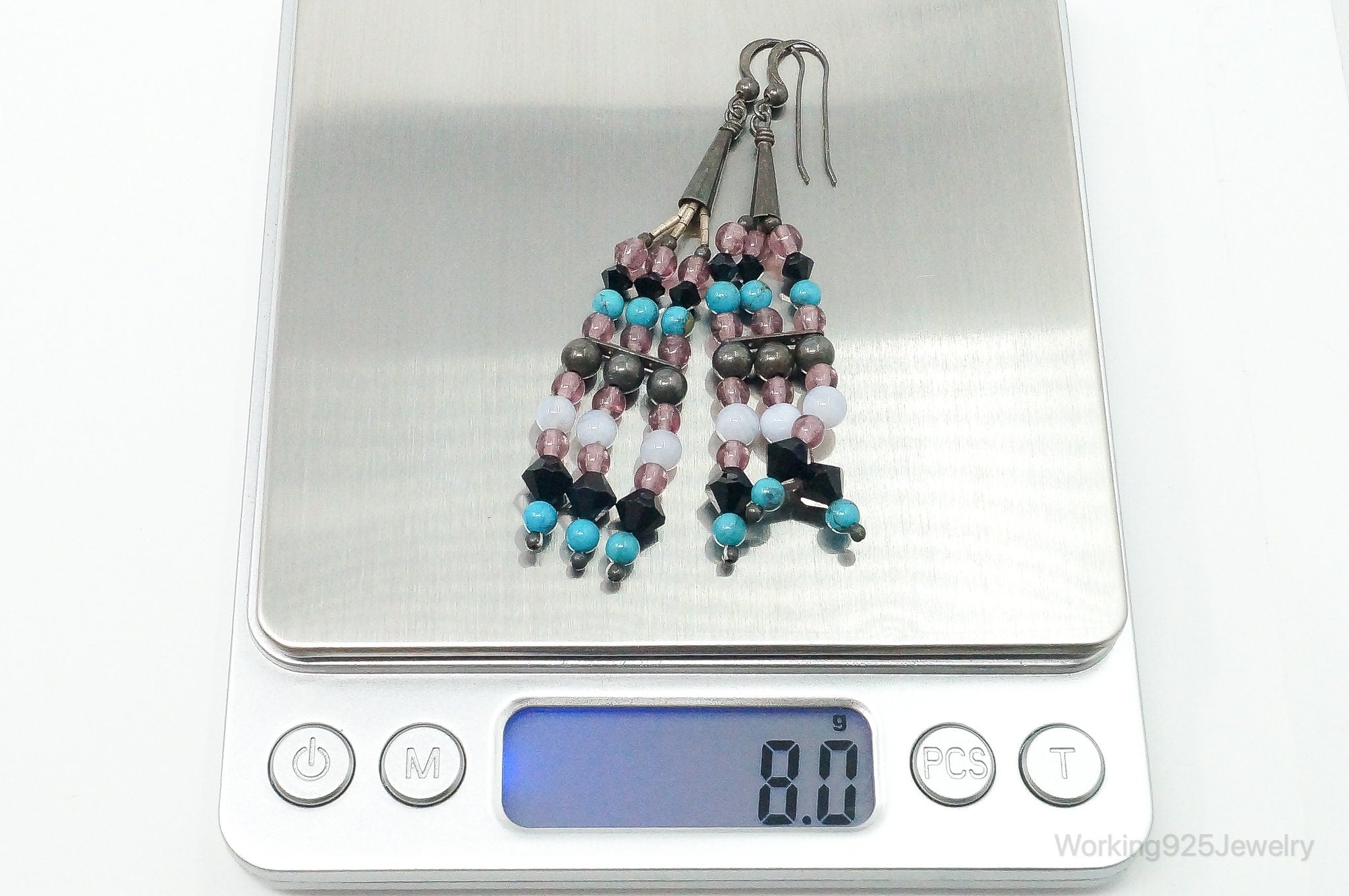 Vintage Native American Multi Gem Beads Sterling Silver Earrings