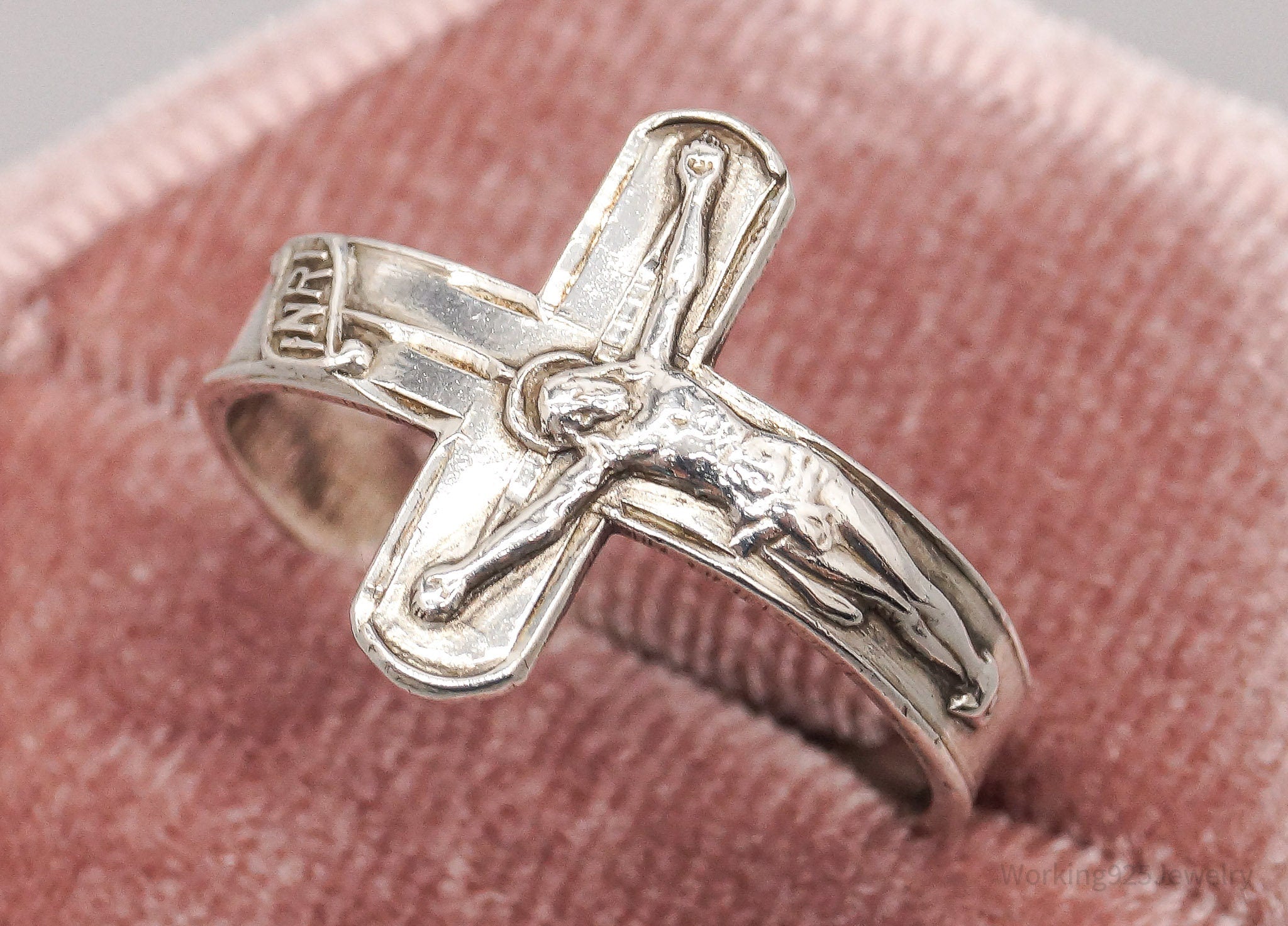 Vintage Crucifix Cross Sterling Silver Band Ring - Size 8.75 Adjustable