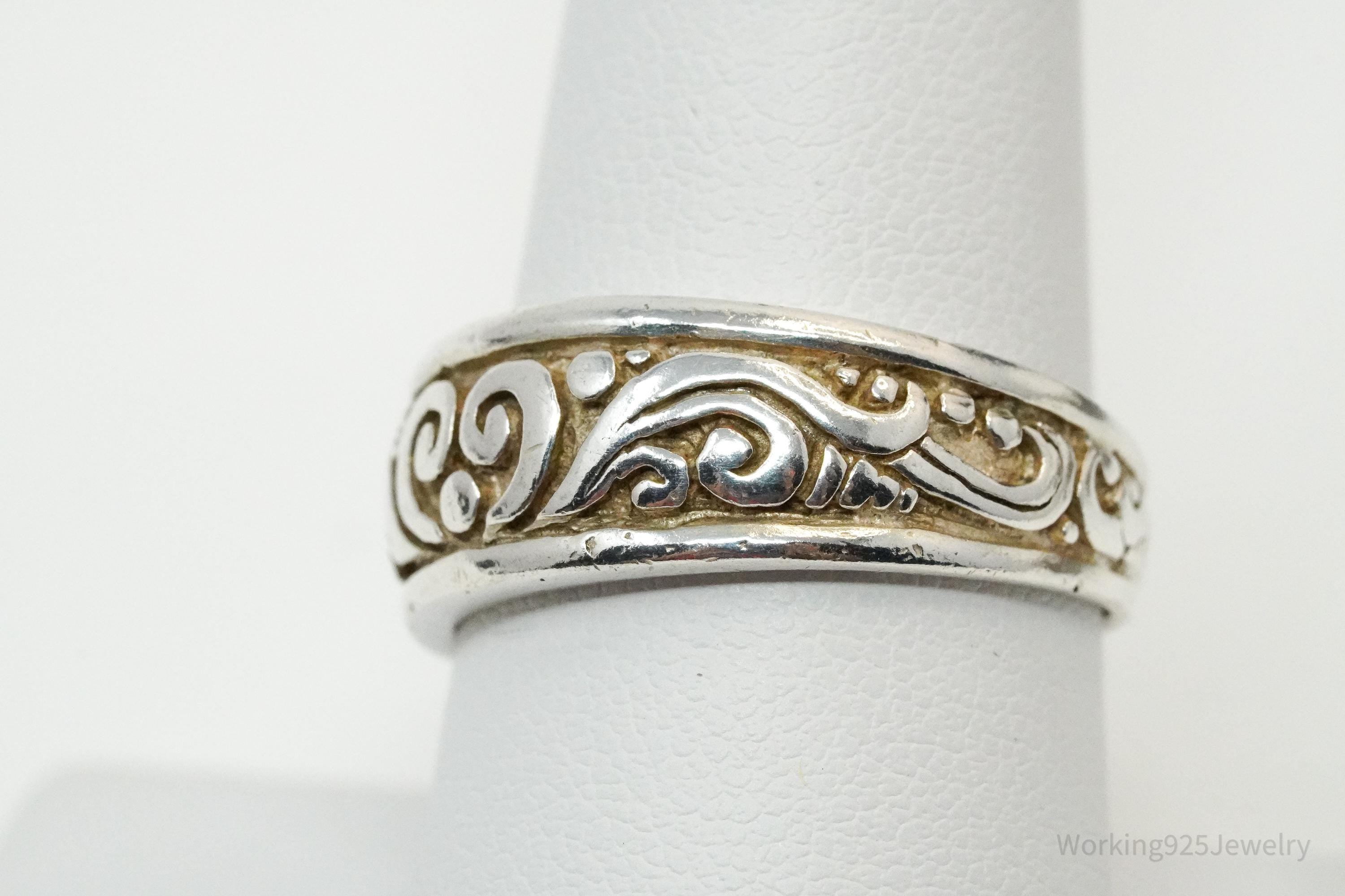 Vintage Scroll Design Sterling Silver Band Ring - Size 9