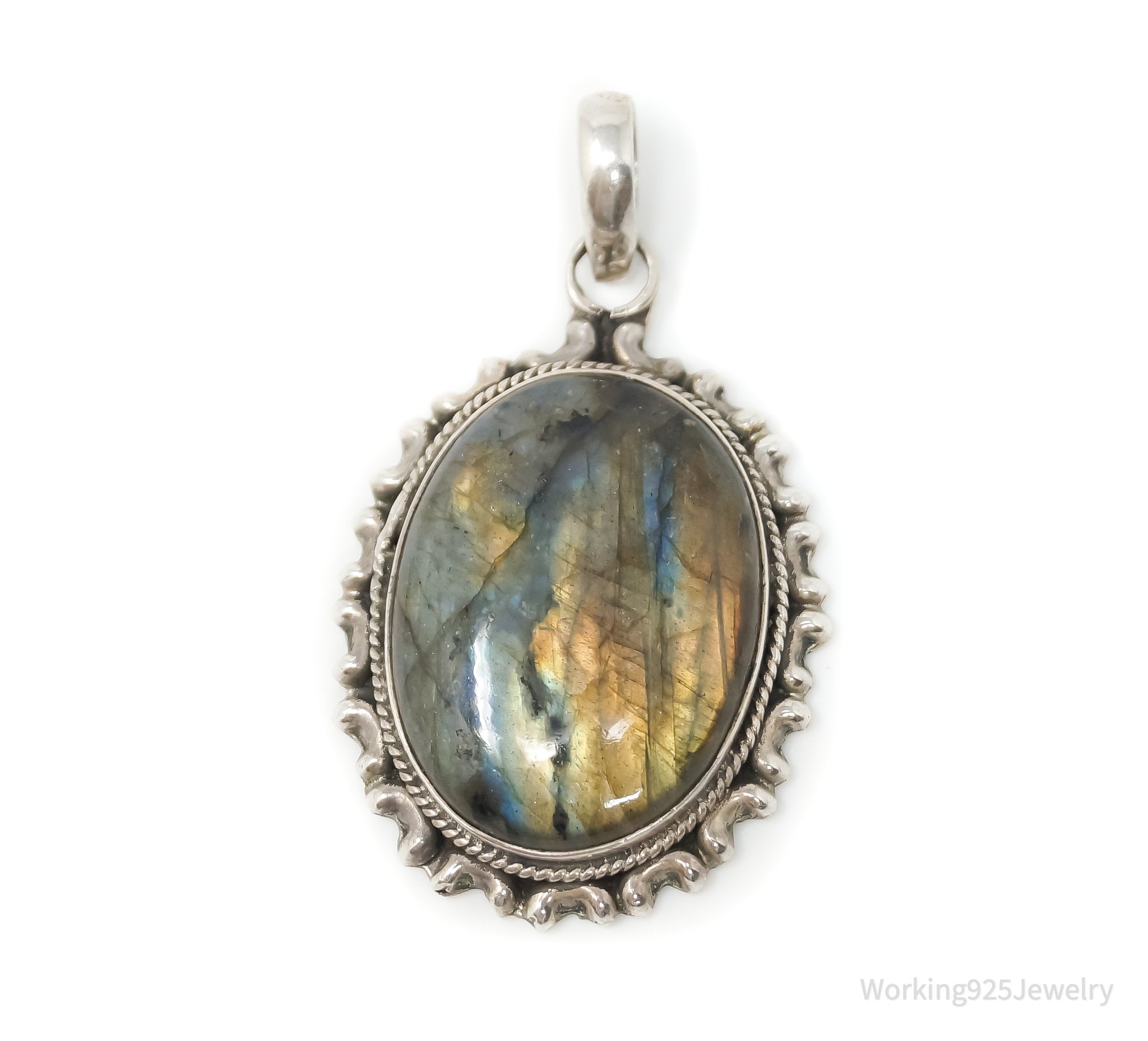 Vintage Large Labradorite Sterling Silver Necklace Pendant