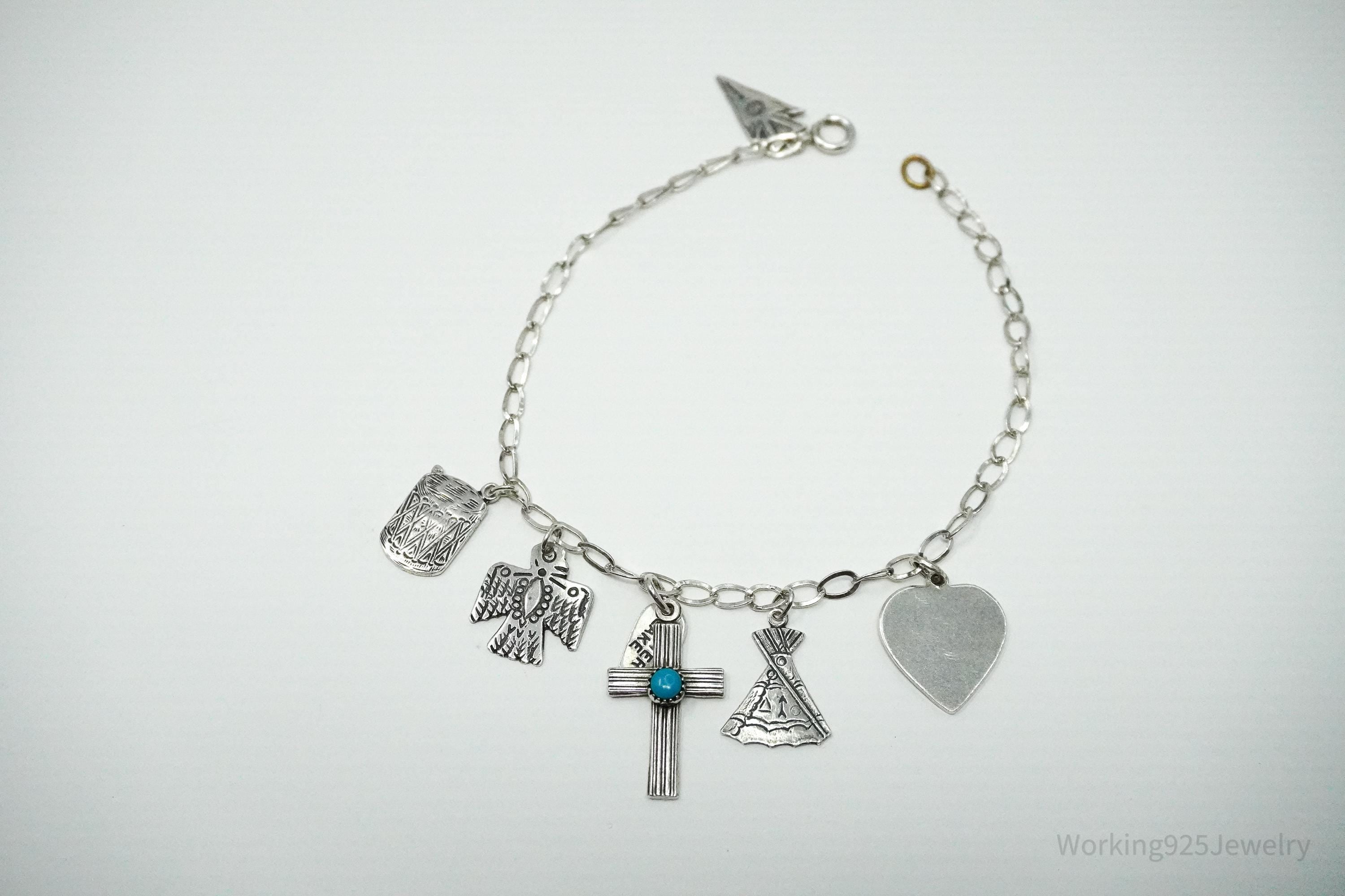 Vintage Southwestern Charms Sterling Silver Bracelet / Anklet 8 3/8"