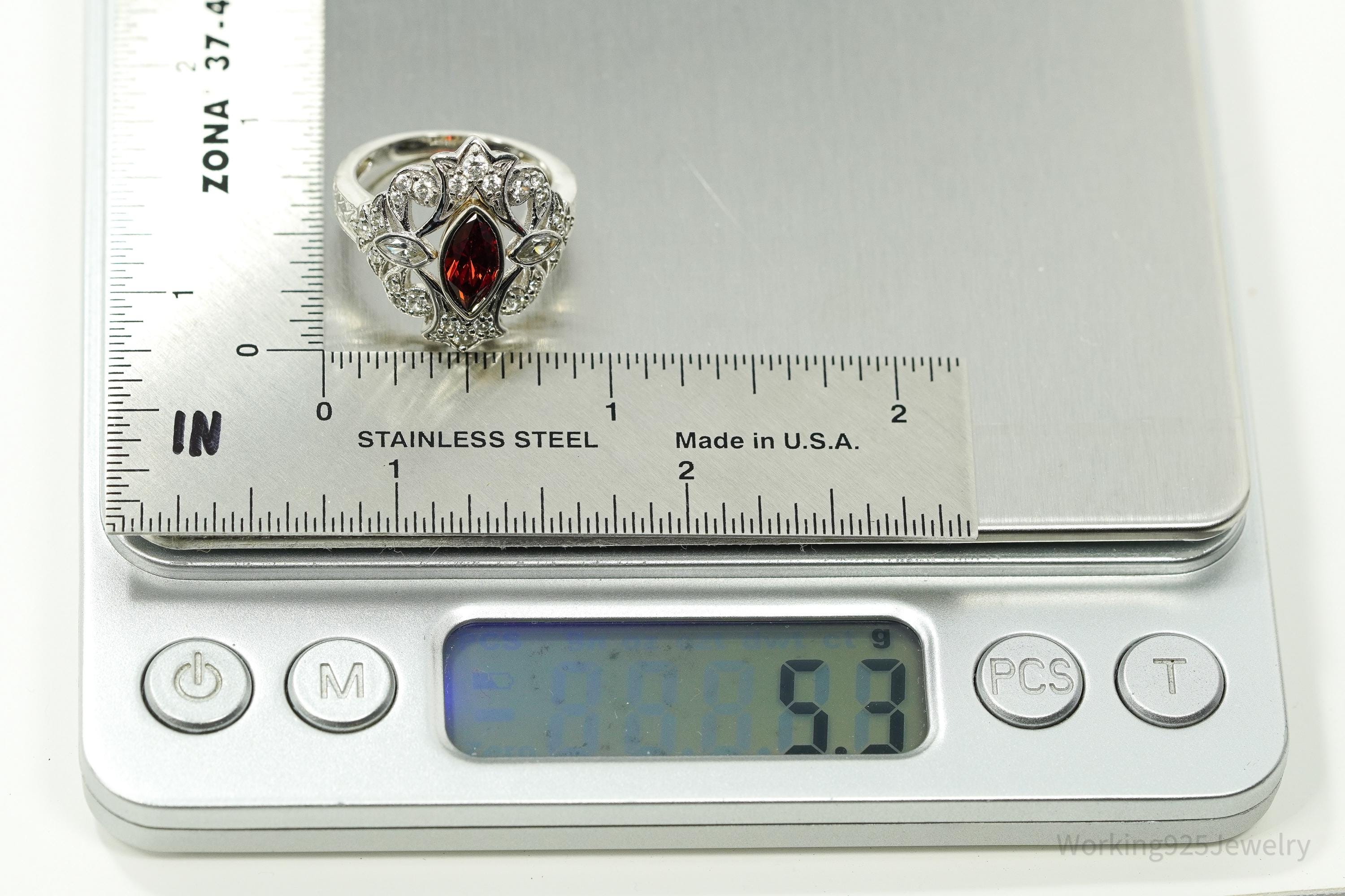 Vintage Garnet & White Zircon Sterling Silver Ring - Size 7