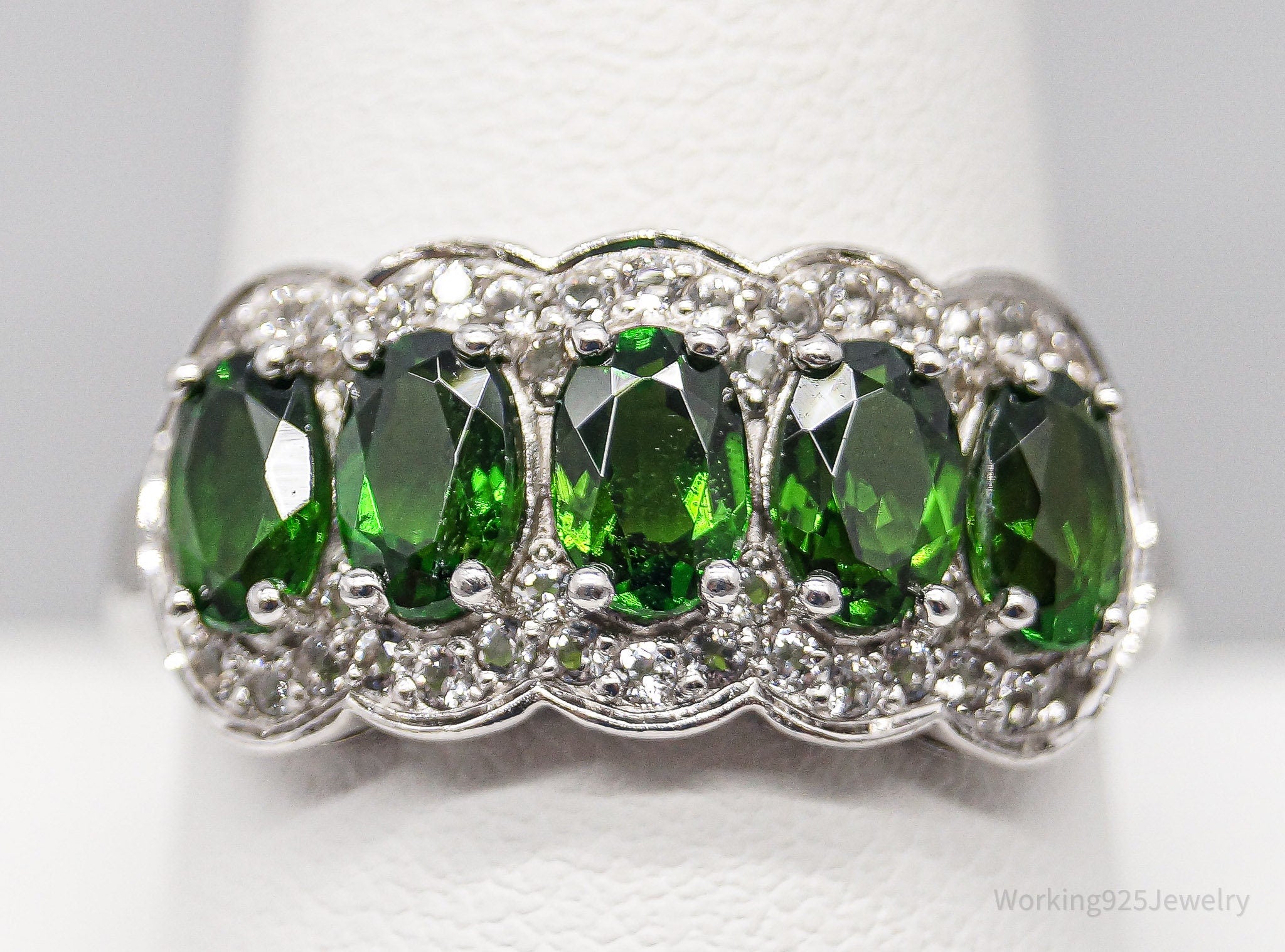 Green Chrome Diopside White Topaz Sterling Silver Ring - Size 9.75