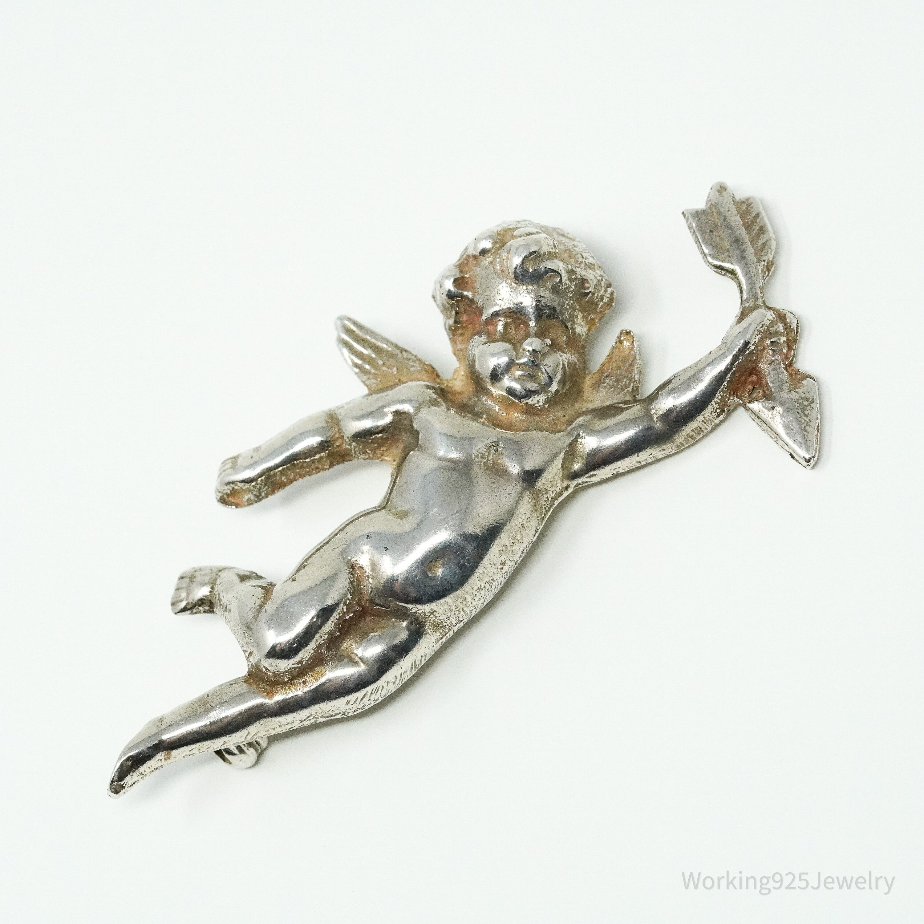 Antique Vintage Cherub Angel Cupid Sterling Silver Brooch Pin