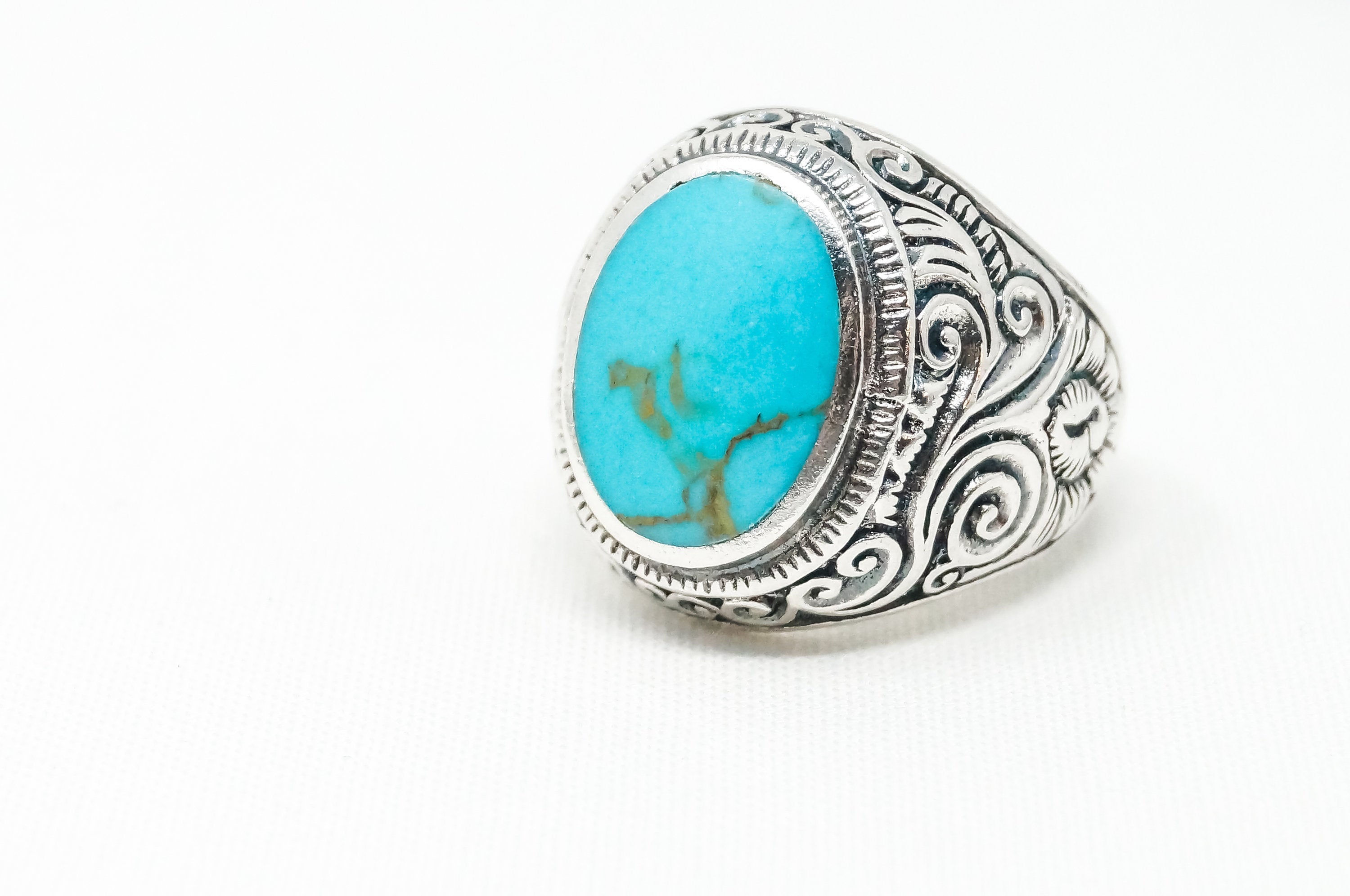 Vintage Large Turquoise Etched Scroll Design Sterling Silver Ring - Sz 10