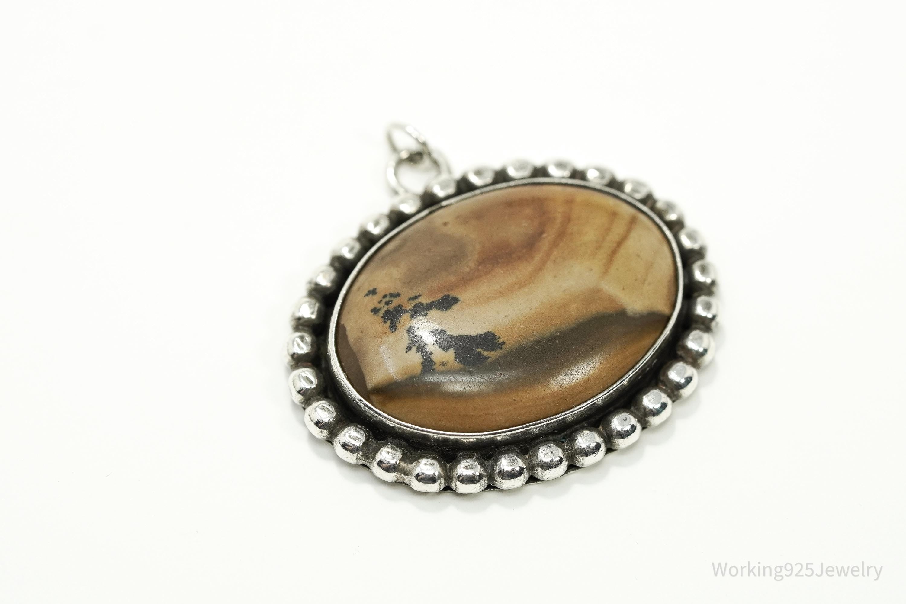 Vintage 1970s Picture Jasper Silver Necklace Pendant 1 3/8"