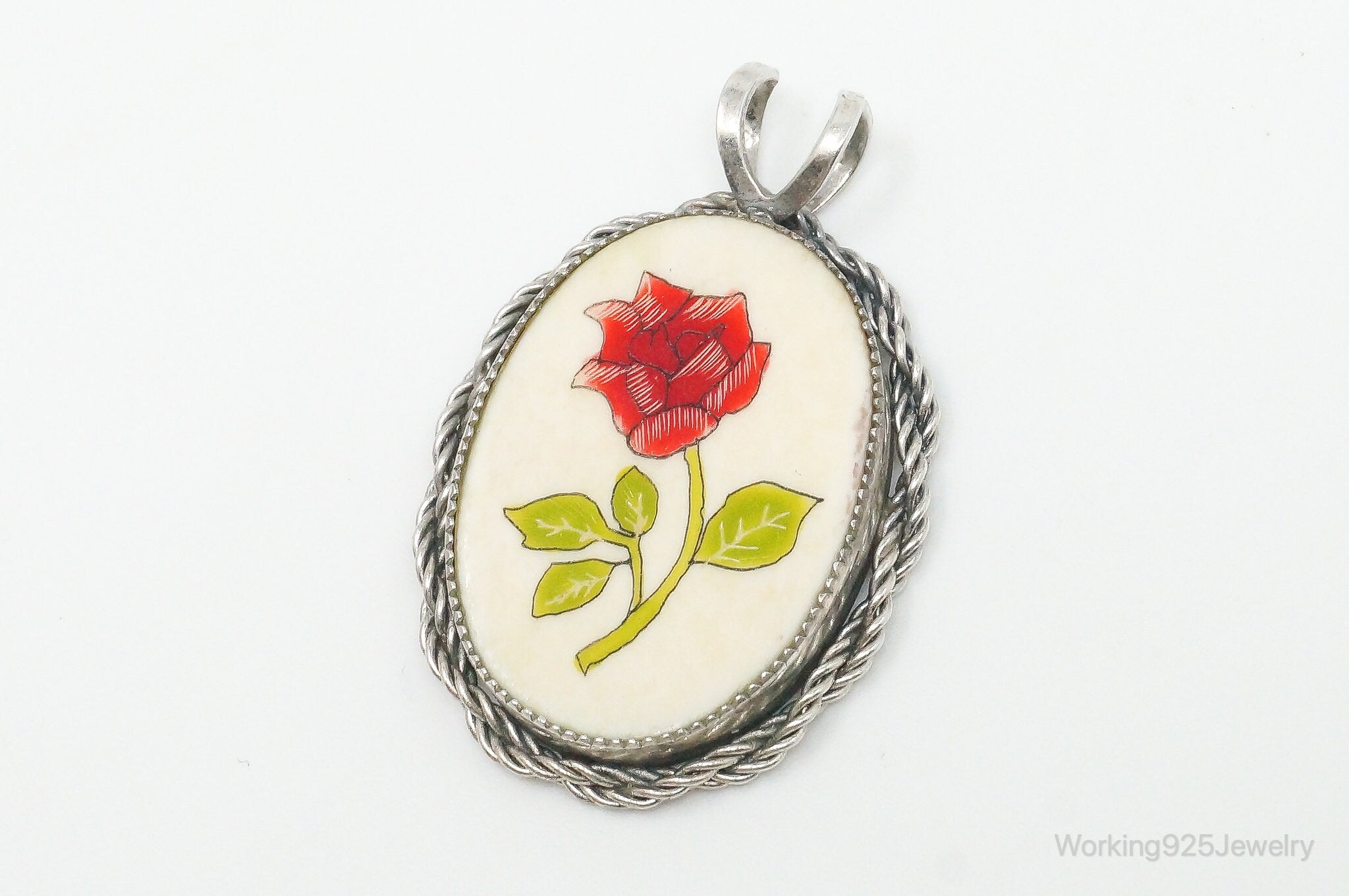 Vintage Painted Rose Bone Southwestern Sterling Silver Pendant