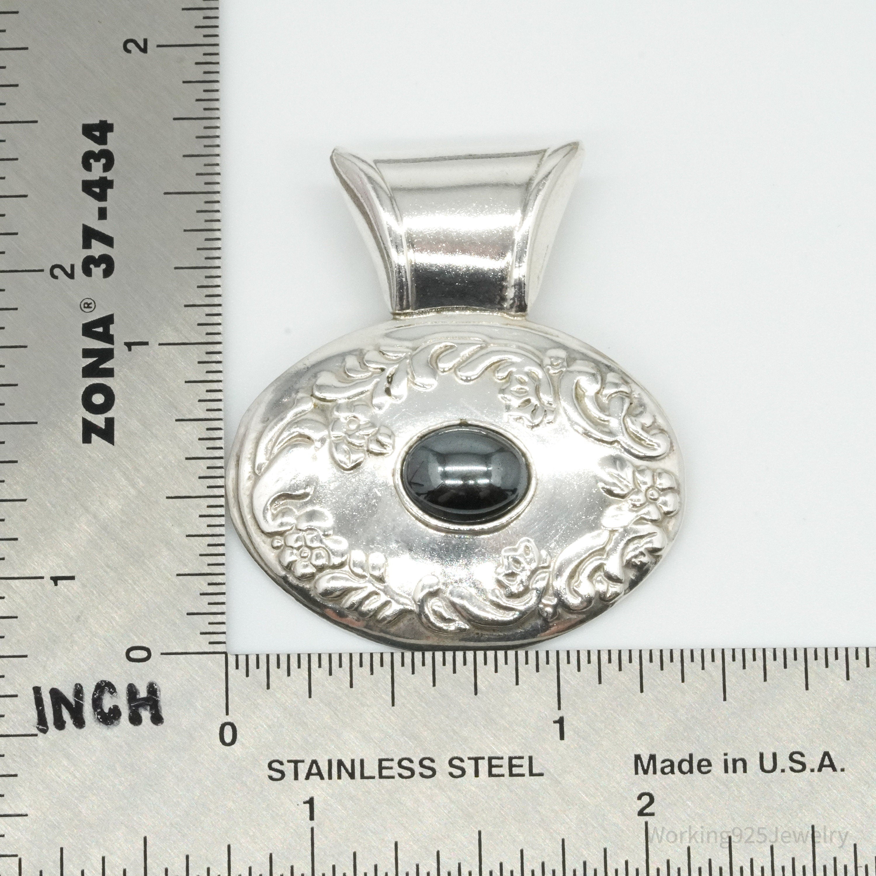 Large Vintage Mexico Hematite Floral Sterling Silver Pendant