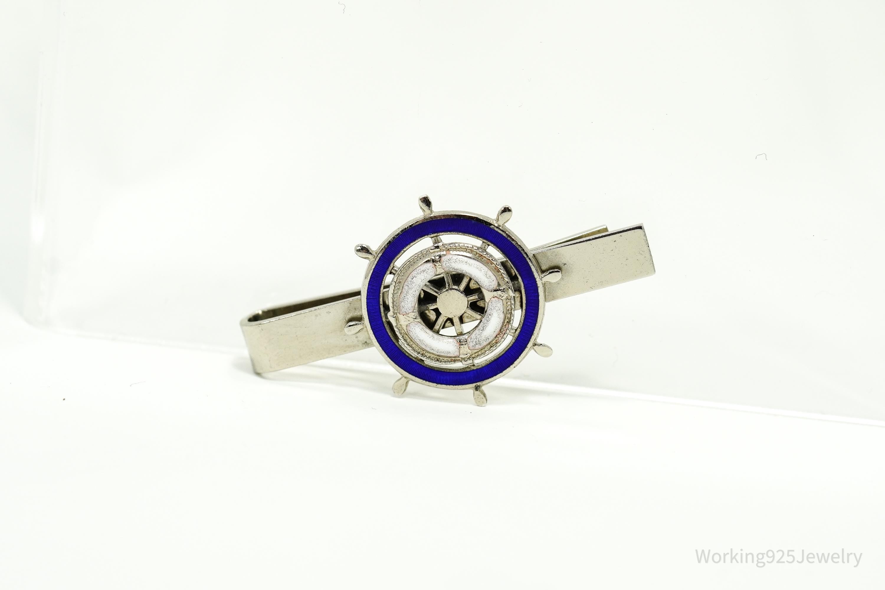 Vintage Blue & White Enamel Ship Wheel Sterling Silver Tie Bar
