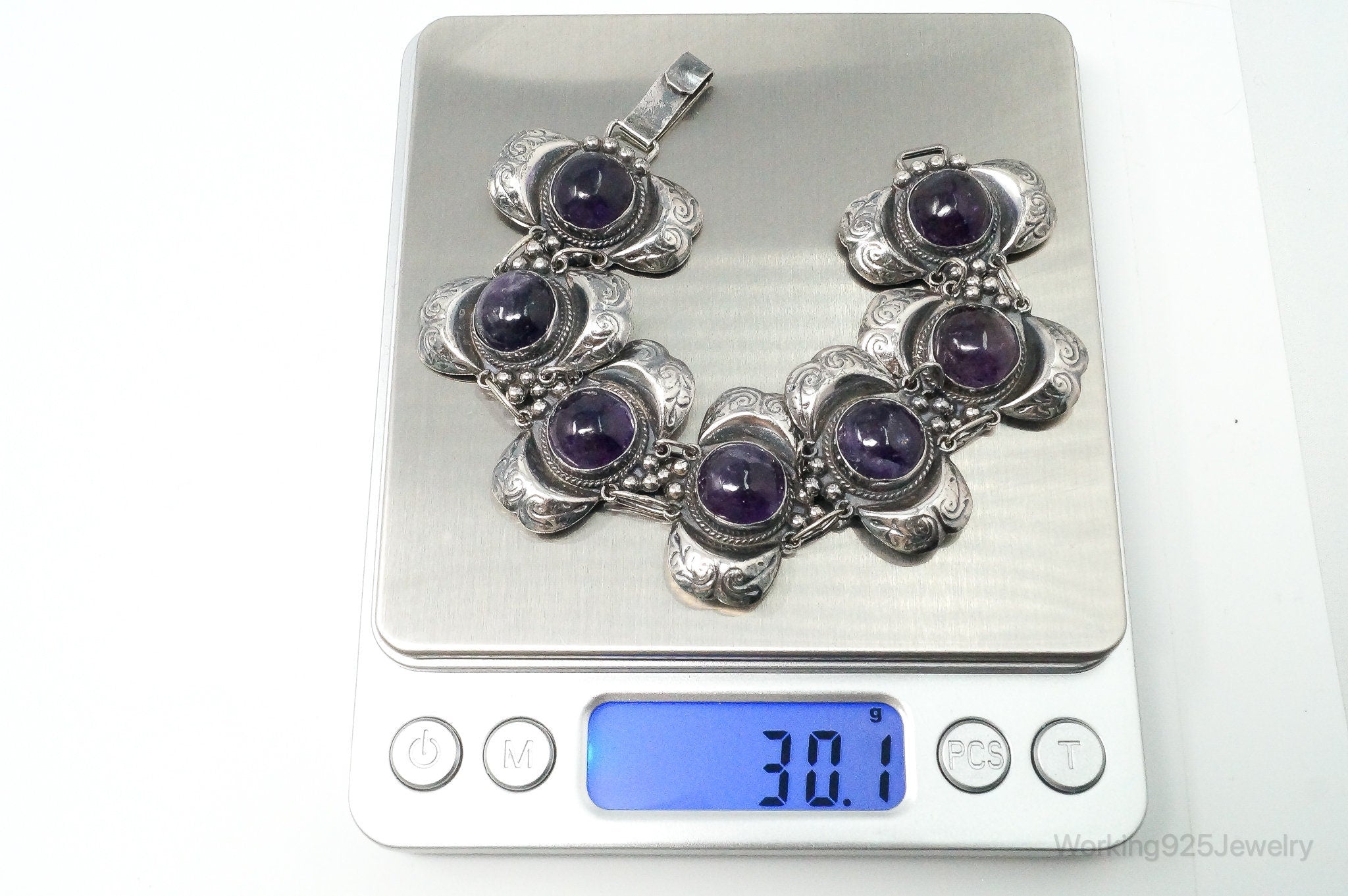 Vintage Mexico AJM Amethyst Modernist Sterling Silver Bracelet